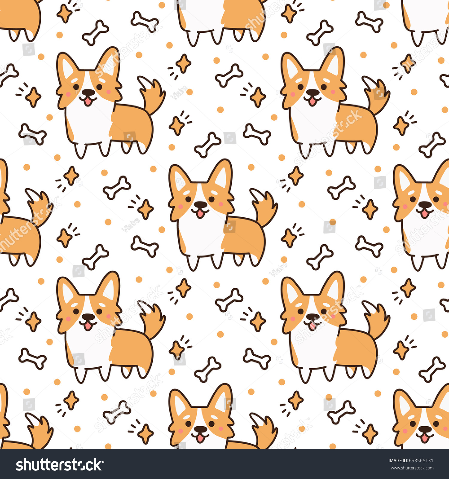 Cute pattern with dog breed welsh corgi on a white background with hearts  stars bones. It can be used for packaging  wrapping paper  textile and etc.