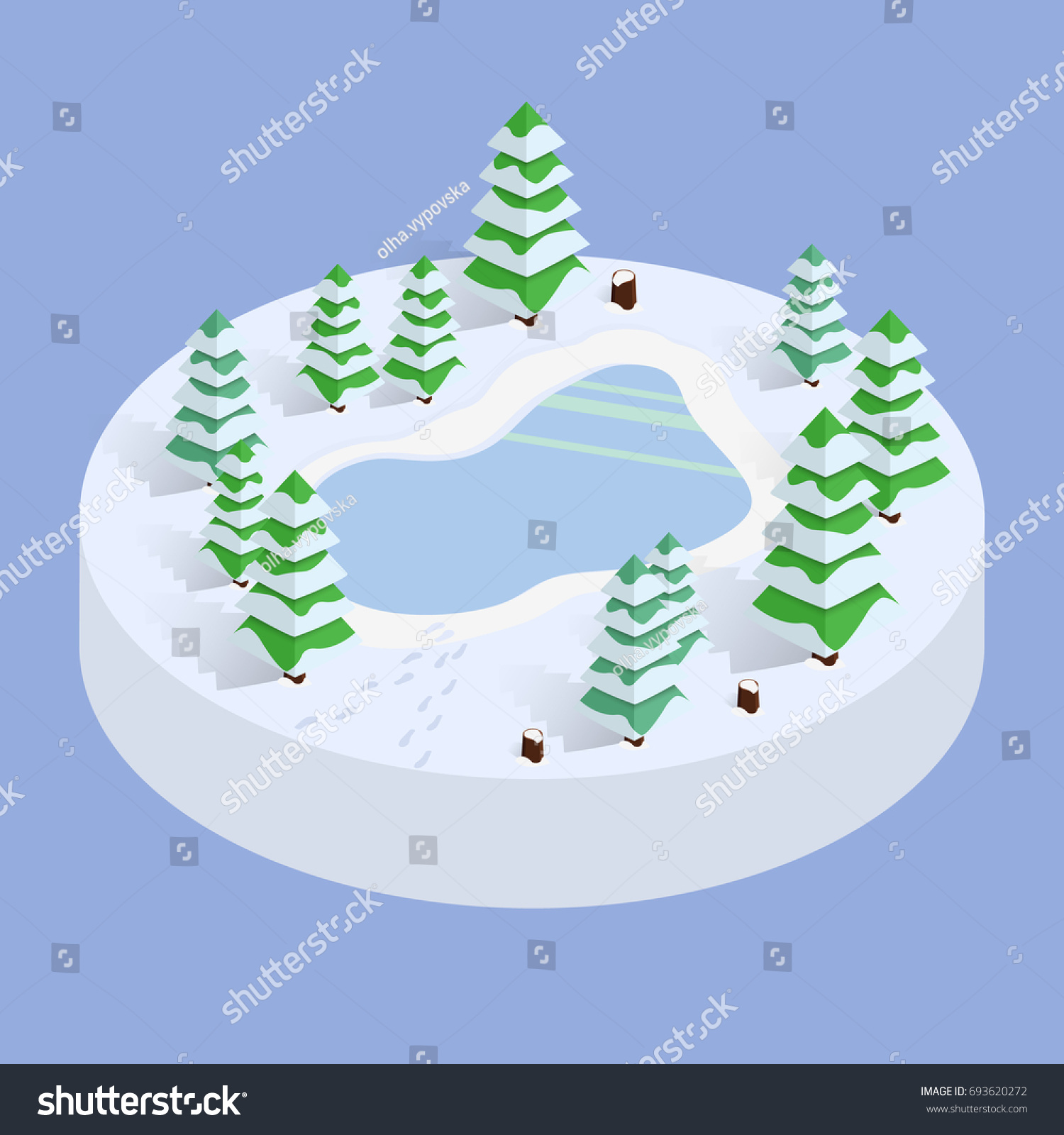 Isometric winter landscape with lake and low poly christmas trees. Vector flat 3d design or infographic element. Winter forest illustration Eps10.