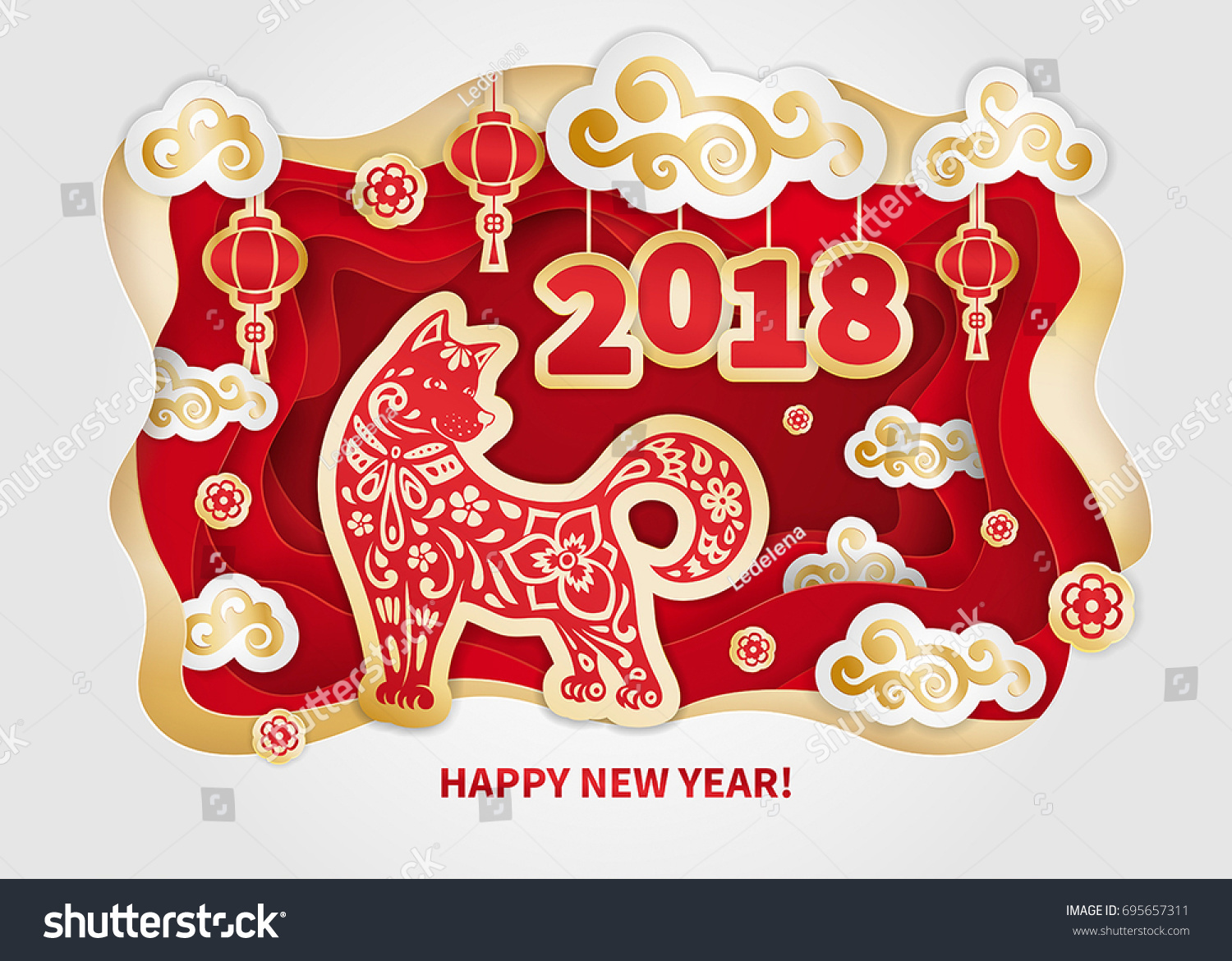 狗是2018年农历新年的象征。剪纸艺术。贺卡 日历 横幅 海报 邀请的设计。