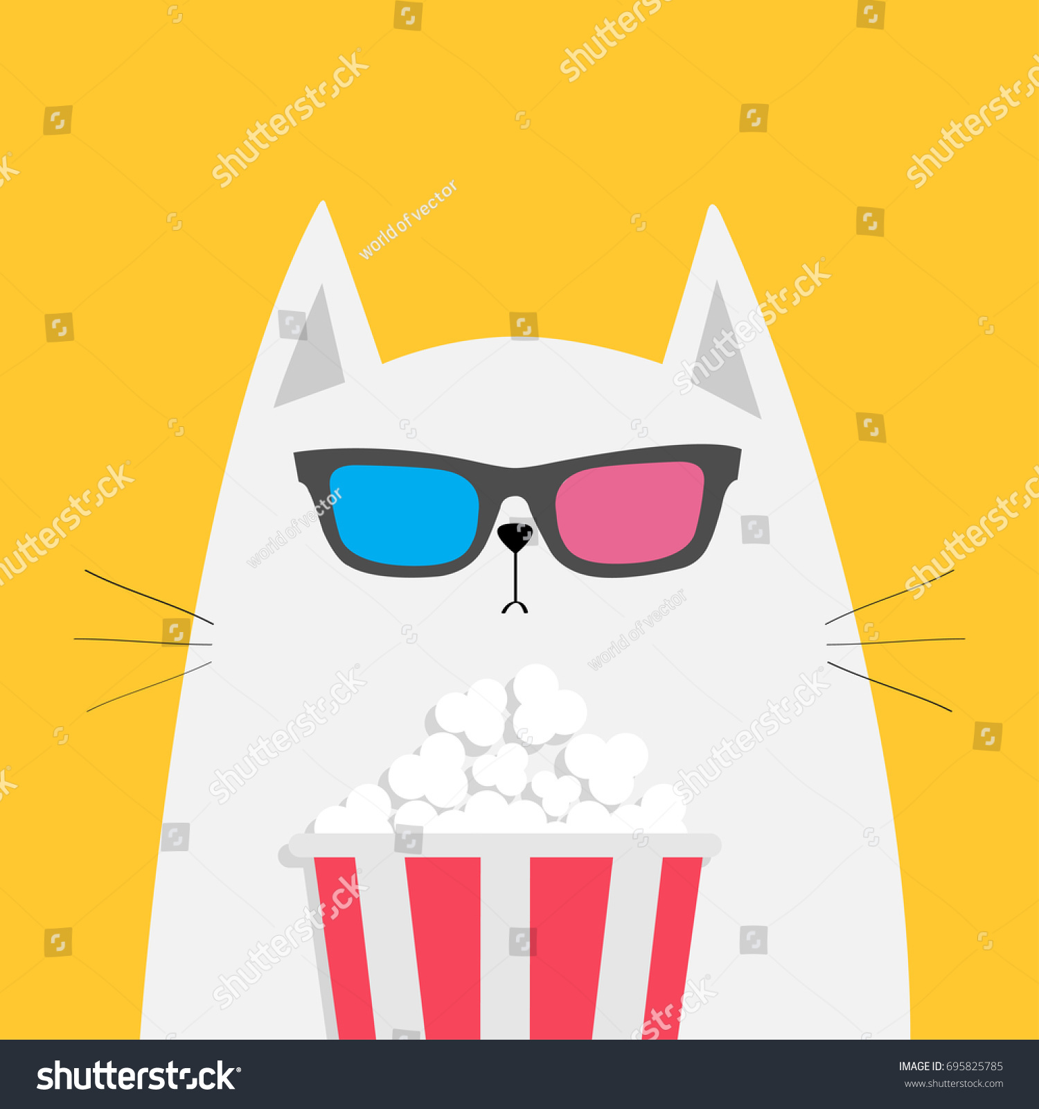 White cat eating popcorn. Cinema theater. Cute cartoon funny character. Film show. Kitten watching movie in 3D glasses. Yellow background. Isolated. Flat design. Vector illustration