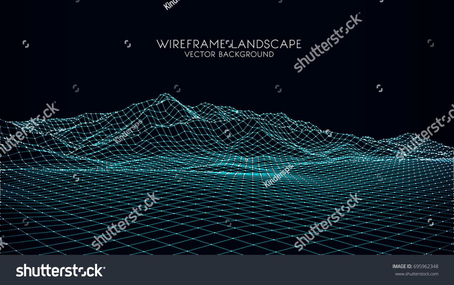 Abstract digital landscape with particles dots and stars on horizon. Wireframe landscape background. Big Data. 3d futuristic vector illustration. 80s Retro Sci-Fi Background