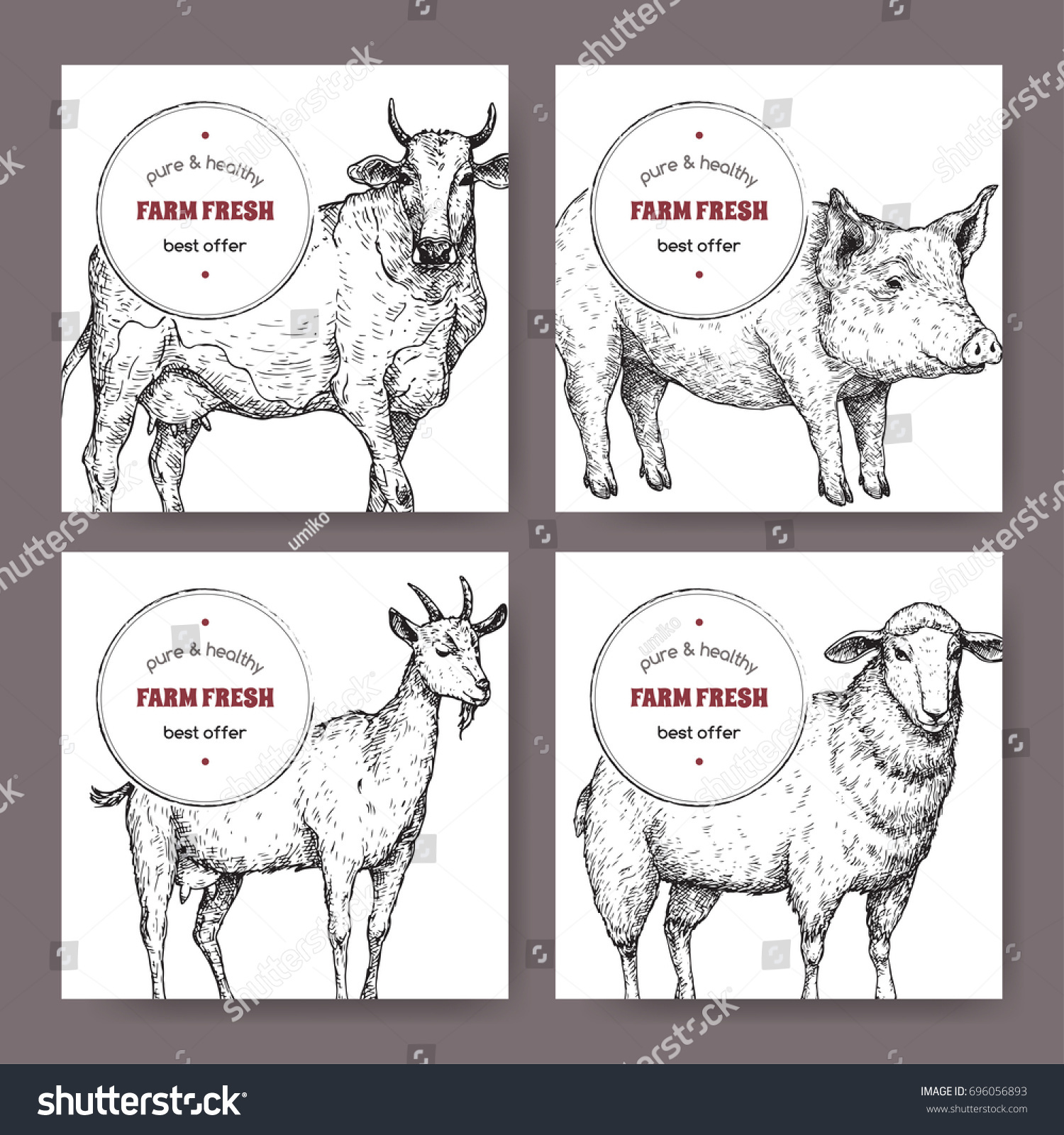 Four labels with hand drawn farm animals sketches. Great for organic ...