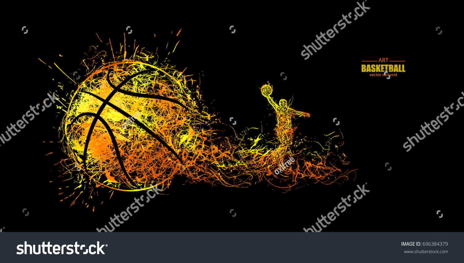 Vector illustration for basketball. Sports modern banner  glowing ball  particles. Effect of fire. Hand drawing. EPS file is layered.
