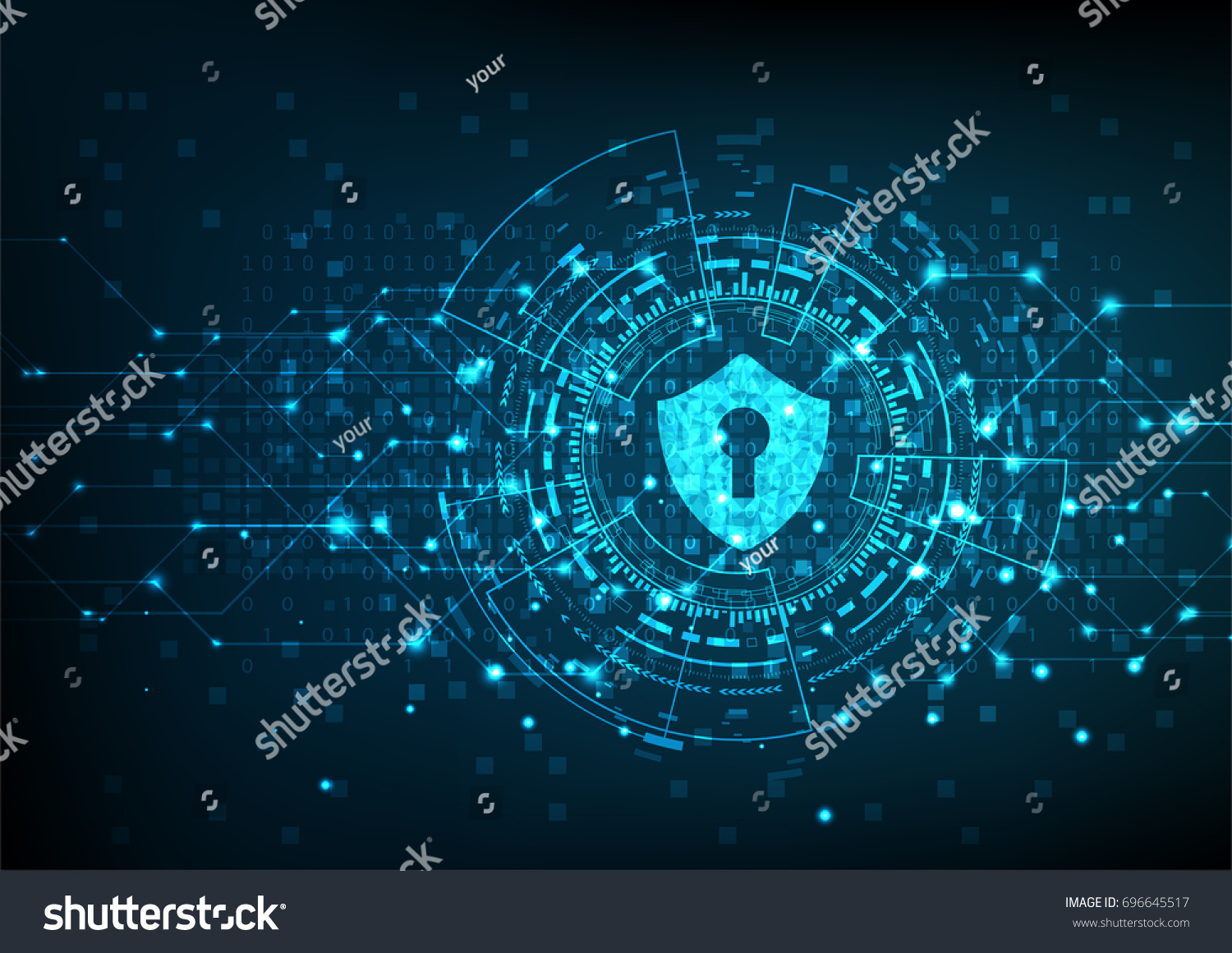 Cyber security concept: Shield With Keyhole icon on digital data background. Illustrates cyber data security or information privacy idea. Blue abstract hi speed internet technology.