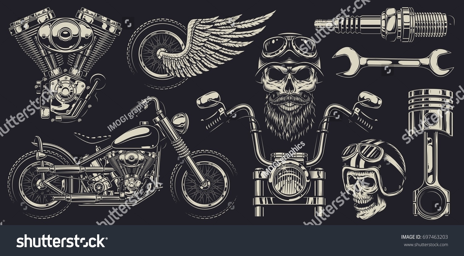 Set of vintage custom motorcycle emblems  labels  badges  logos  prints  templates. Layered  isolated on dark background Easy rider