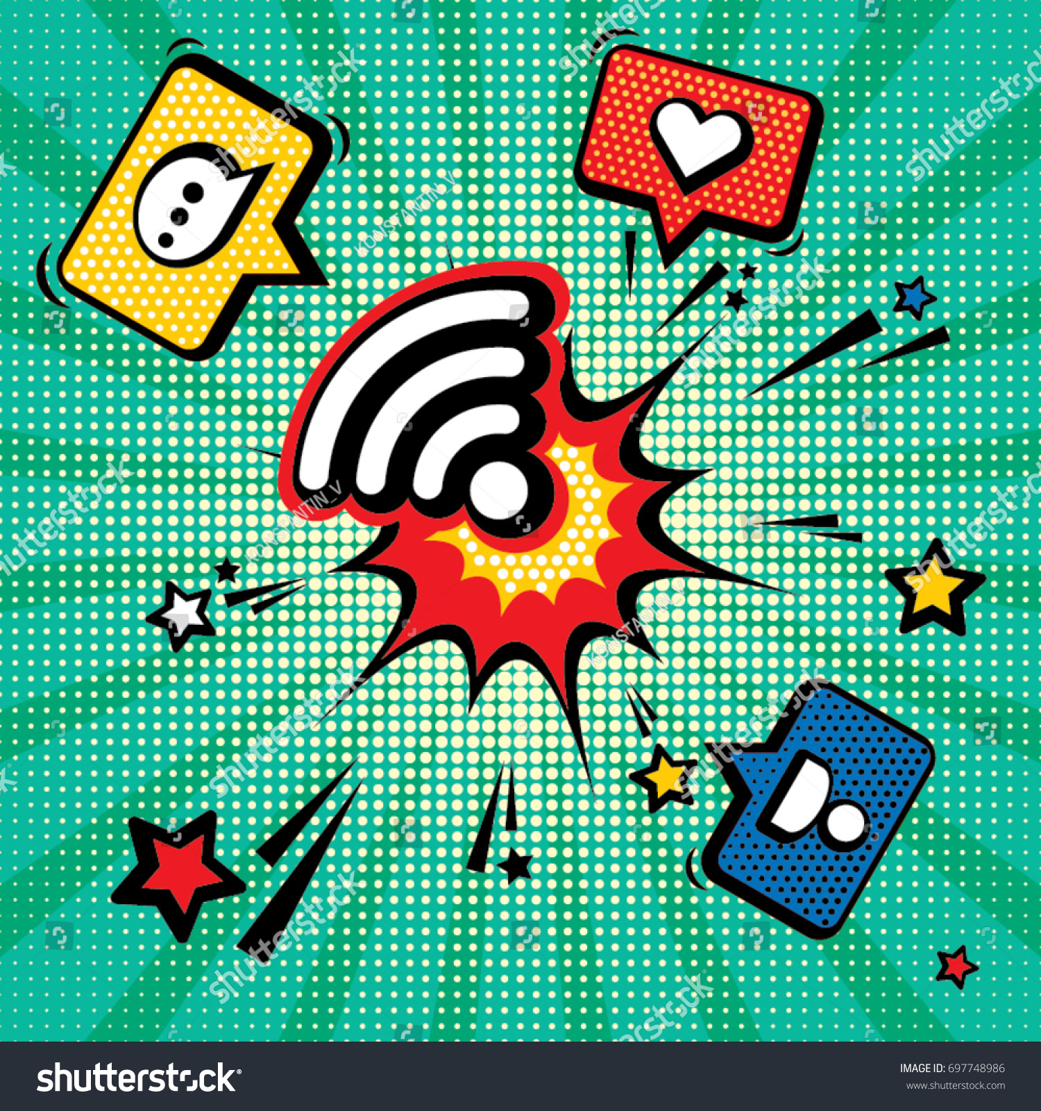 Connection established. Pop art vector illustration with social network symbols