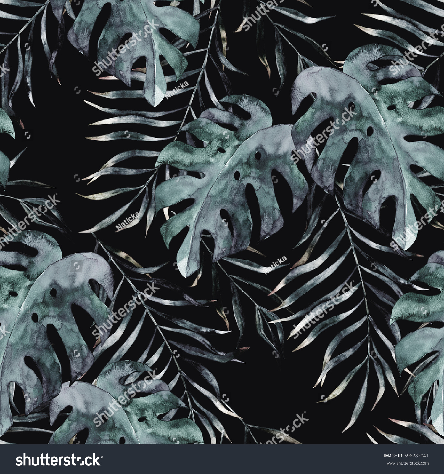 Watercolor exotic seamless pattern green tropical leaves botanical summer illustration on black background