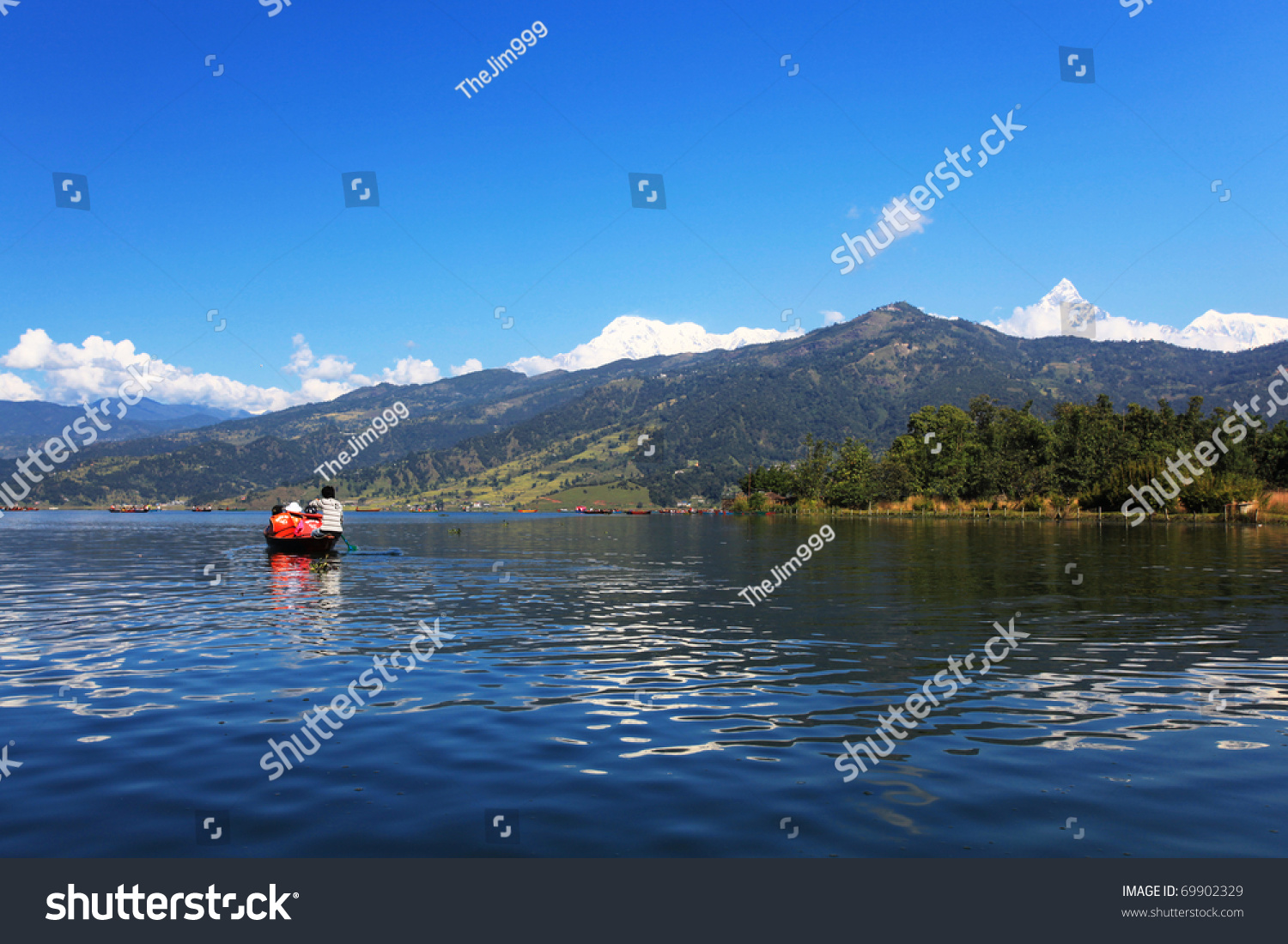 Beautiful green hills landscape from boat view on Phewa lake  Pokhara  Nepal