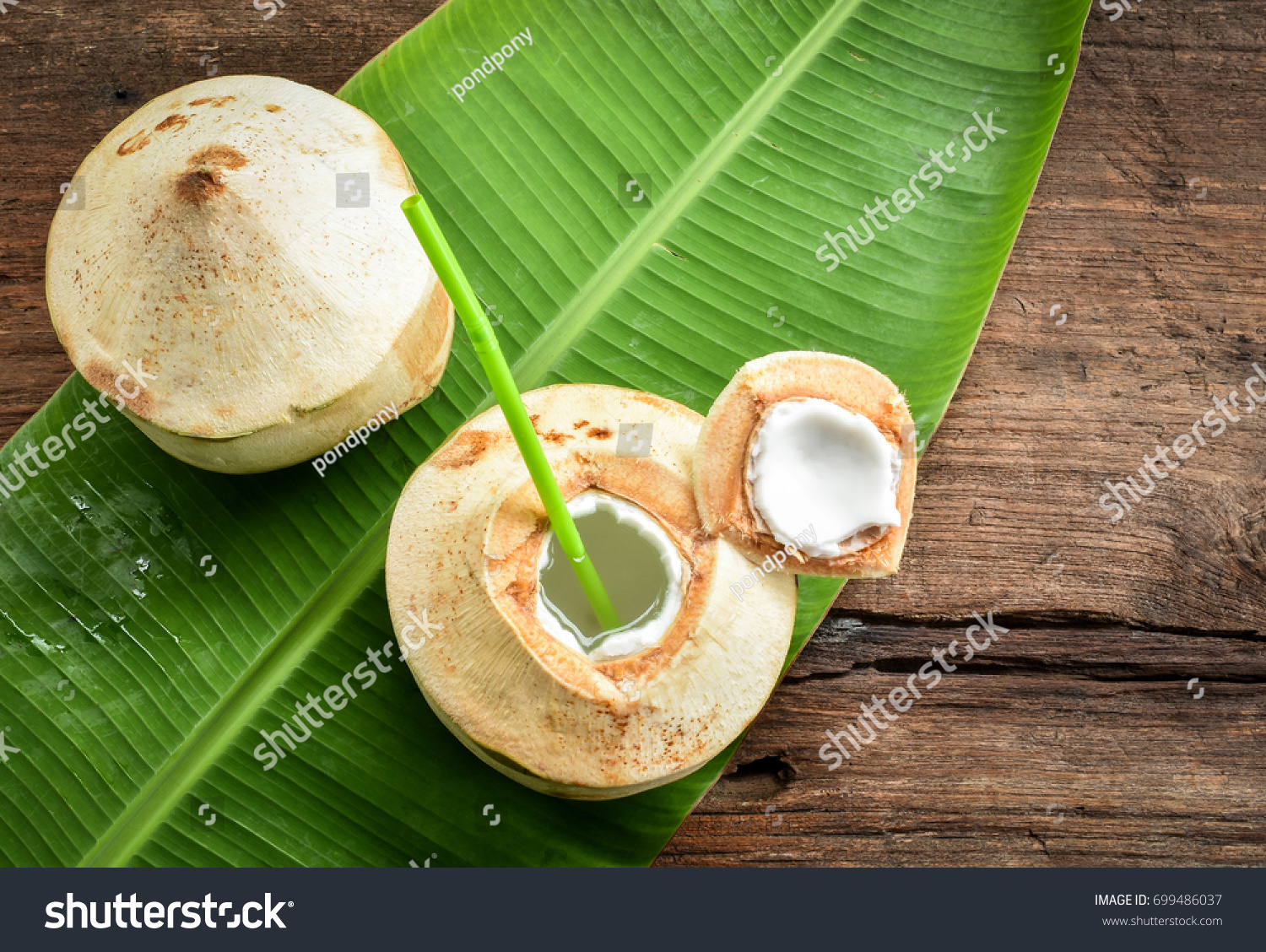 Two fresh coconut fruits ready to serve as beverage. Young coconut fruit cut open to drink sweet juice and eat. Flat lay on green banana leaf and wood background.