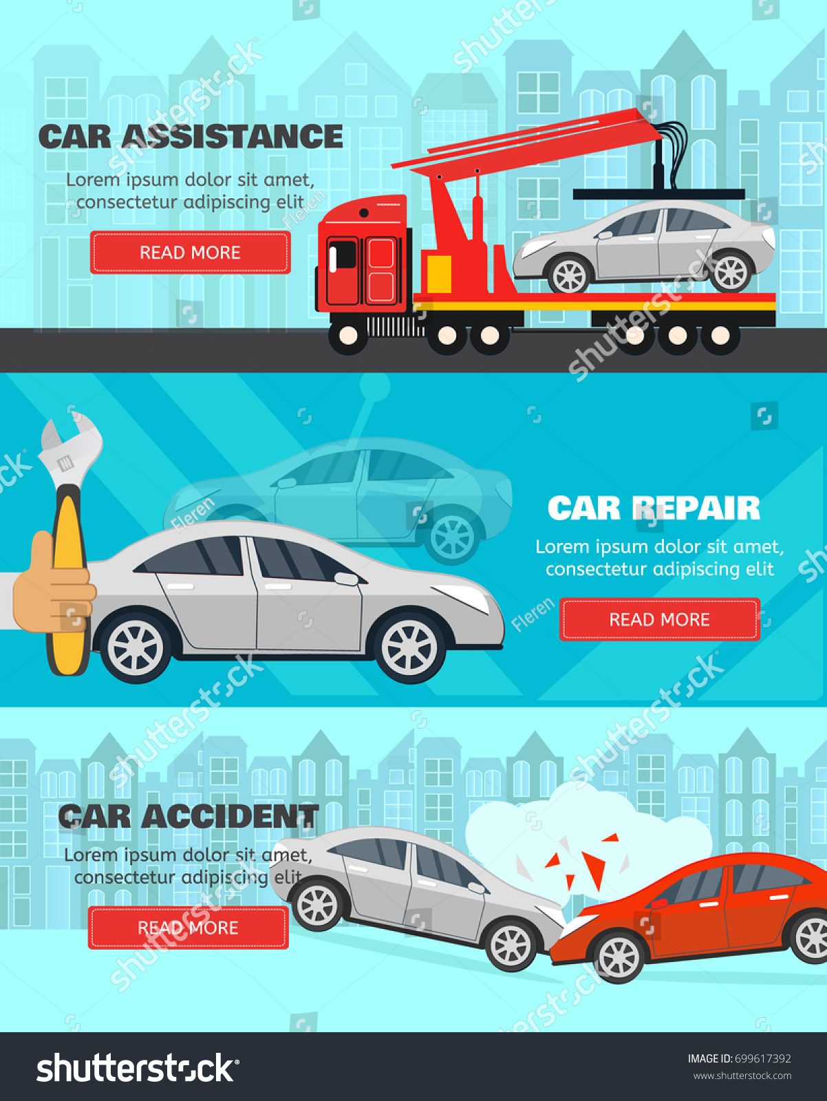 Banner set about car assistance on road  accidents and service. Flat style horizontal banners. Vector illusrtation.