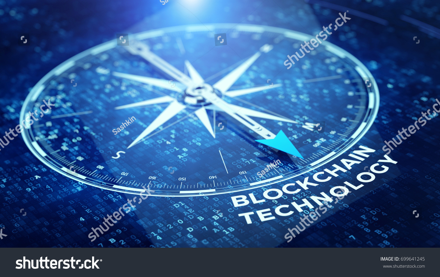 Block chain network concept - Compass needle pointing Blockchain technology word. 3d rendering