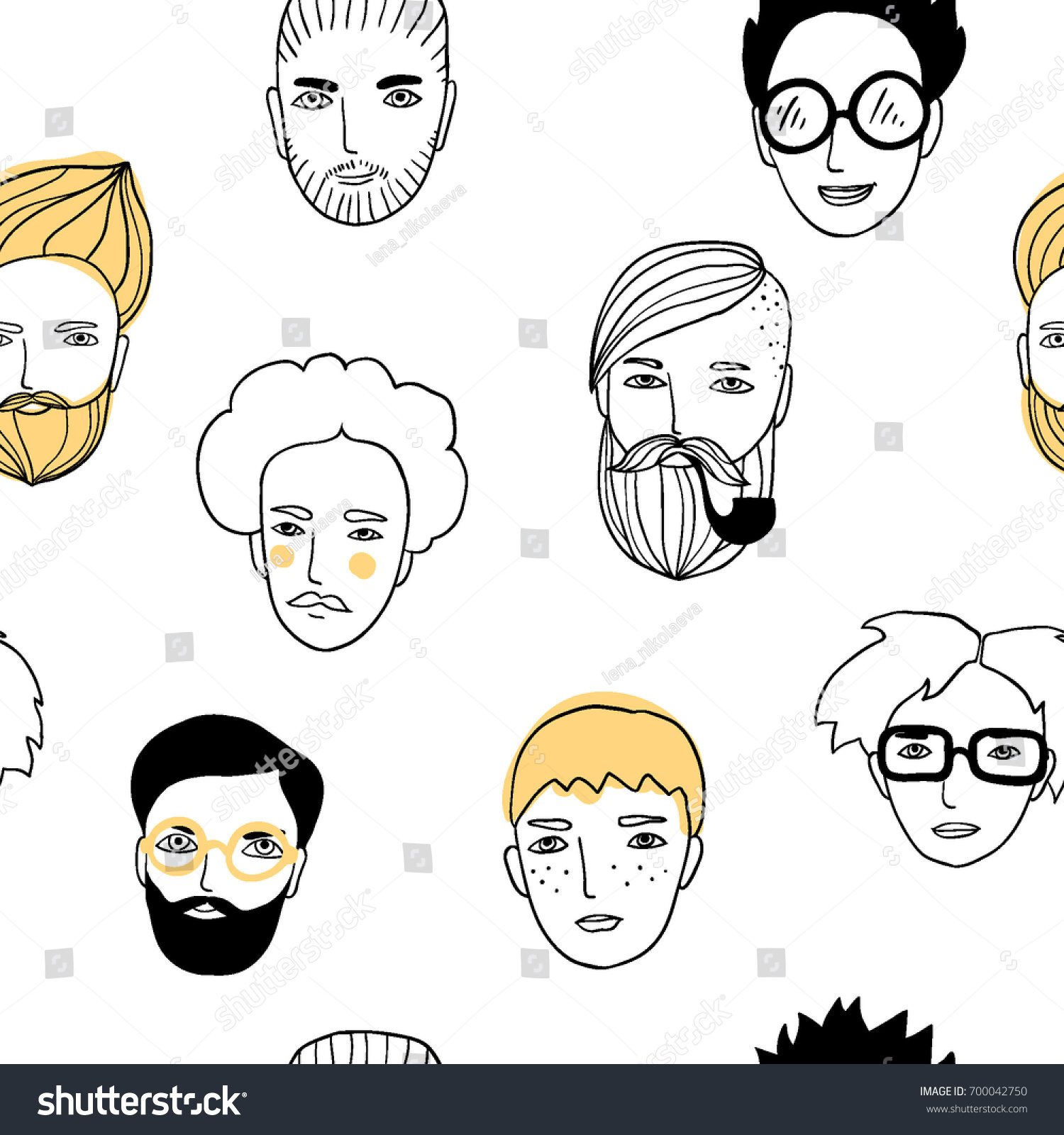 Seamless pattern with cute faces of people. Doodle portraits of guys. Trendy hand drawn background. Line sketch style cartoon vector illustration.