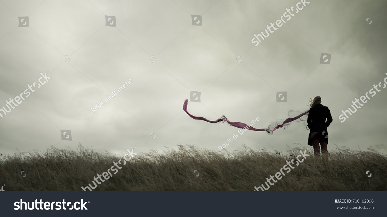 Woman standing alone in harsh weather with dramatic sky