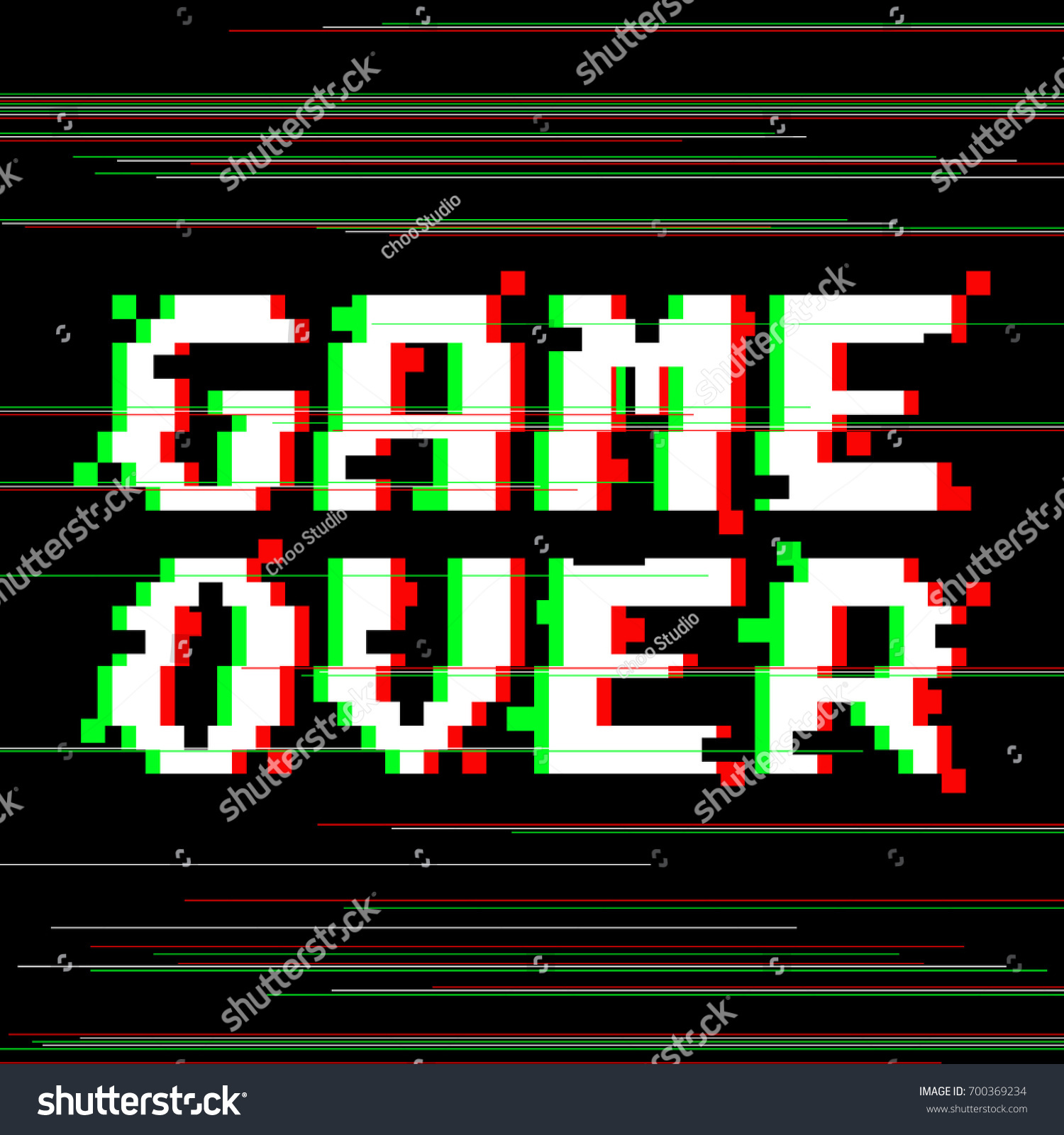 Vector game over phrase in pixel art style with glitch VHS effect. Three color half-shifted letters. Occassional pixels and colored glitch lines around