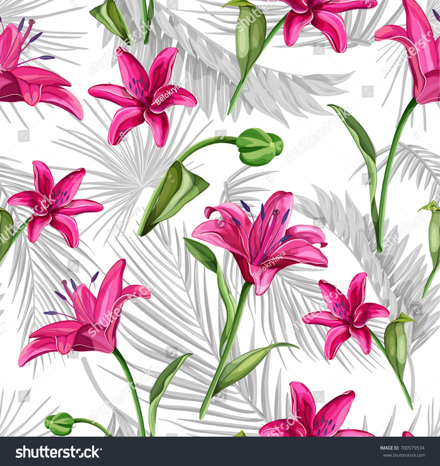 vector lily flower seamless pattern. realistic sketch hand drawn illustration. Floral blossoms blooming on the background of tropical leaves. Summer time  vacation symbol