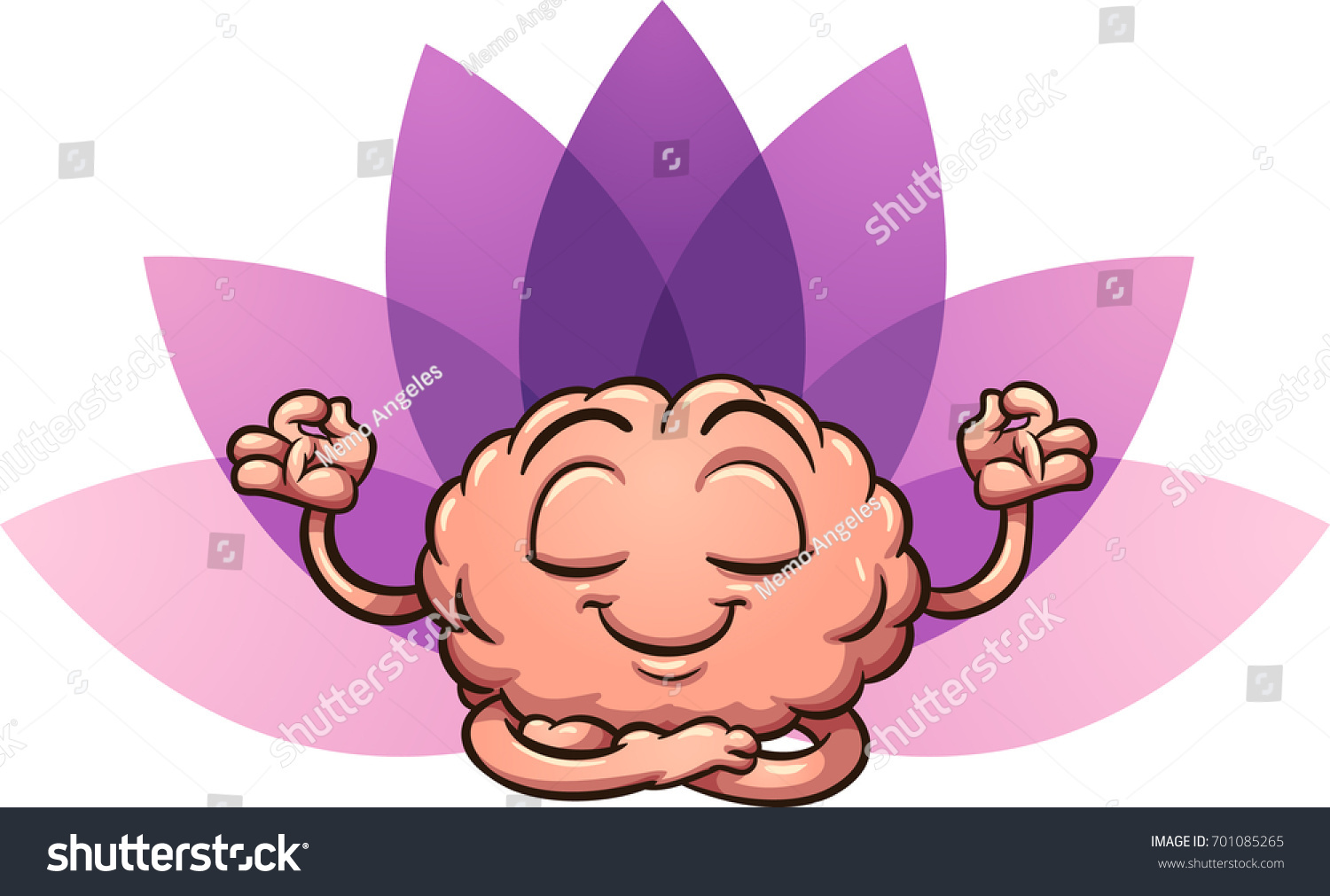 Meditating cartoon brain in lotus flower position. Vector clip art illustration with simple gradients. Brain and flower on separate layers. 