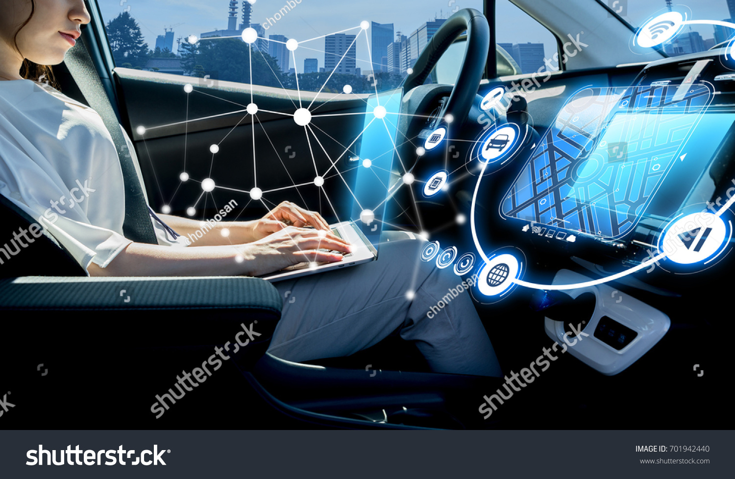 young woman riding autonomous car. self driving vehicle.