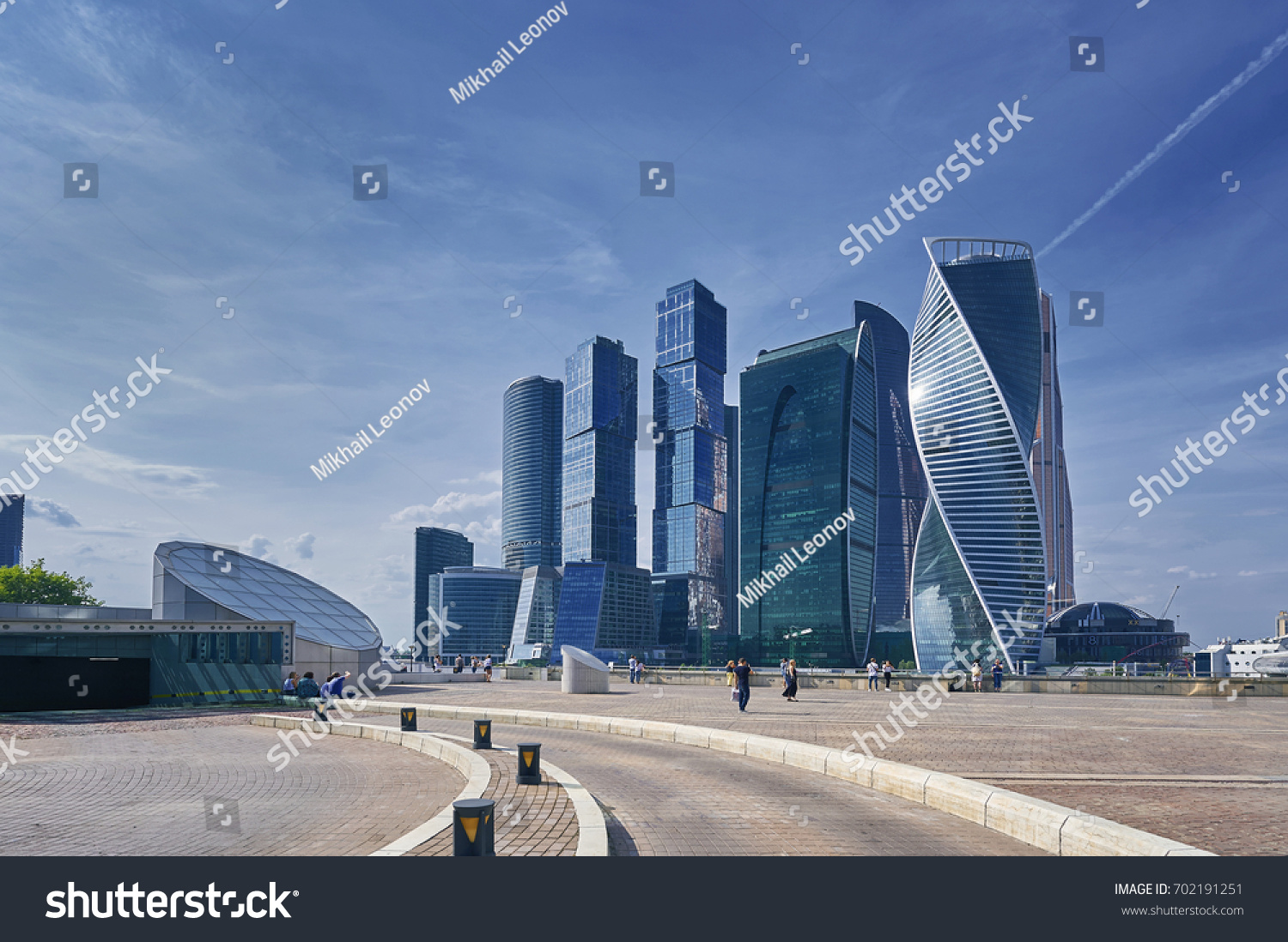 View on Moscow City business center skyscrapers office buildings luxury apartments. People on sightseeing viewing point. Moscow city skyscrapers panorama. Modern european russian architecture