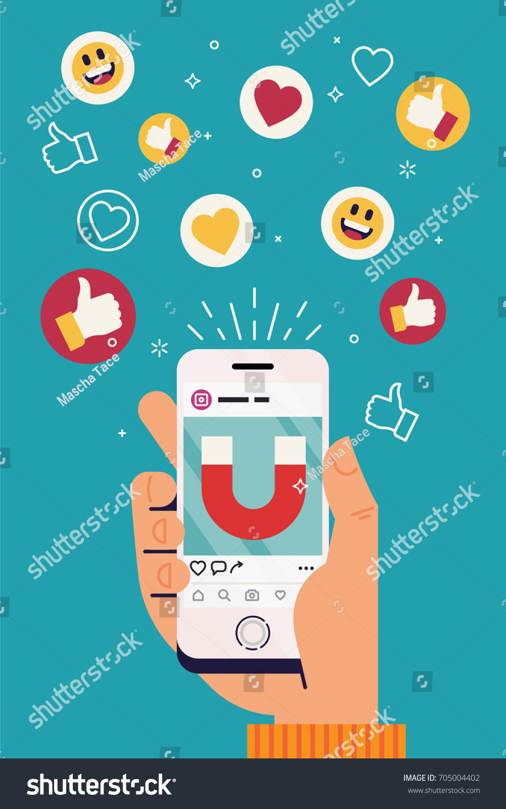 How to become famous on internet concept vector illustration. Social media strategy visual with hand holding mobile phone with application interface  attracting likes and positive reaction