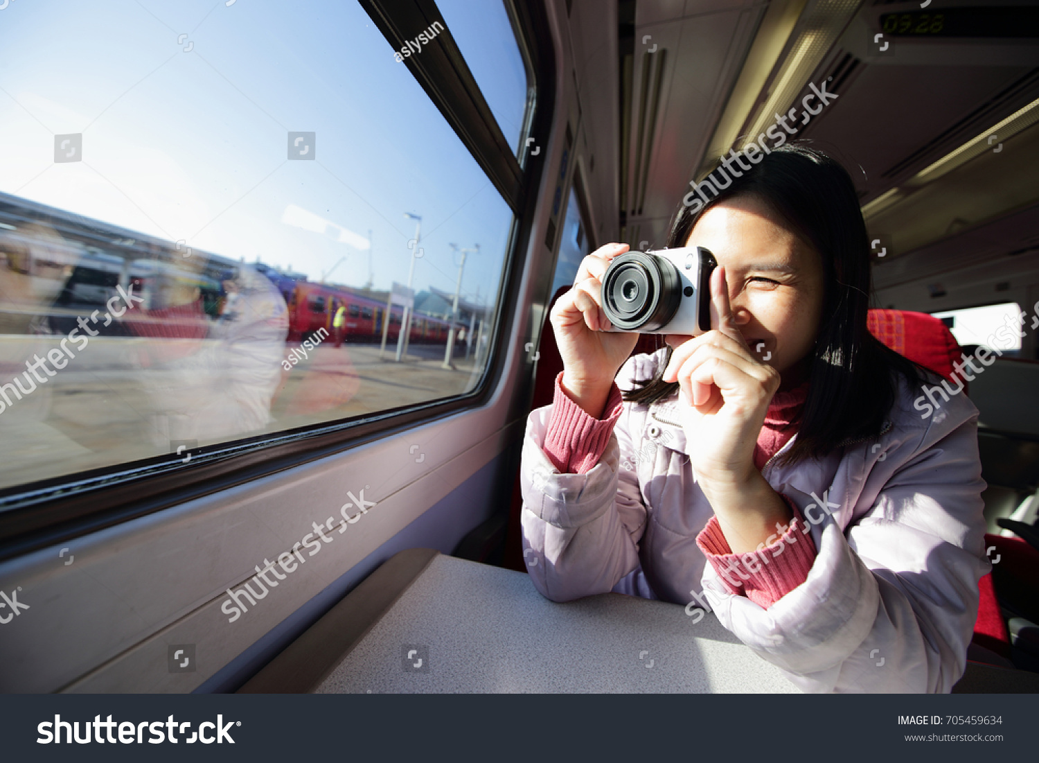travel woman take picture in the train