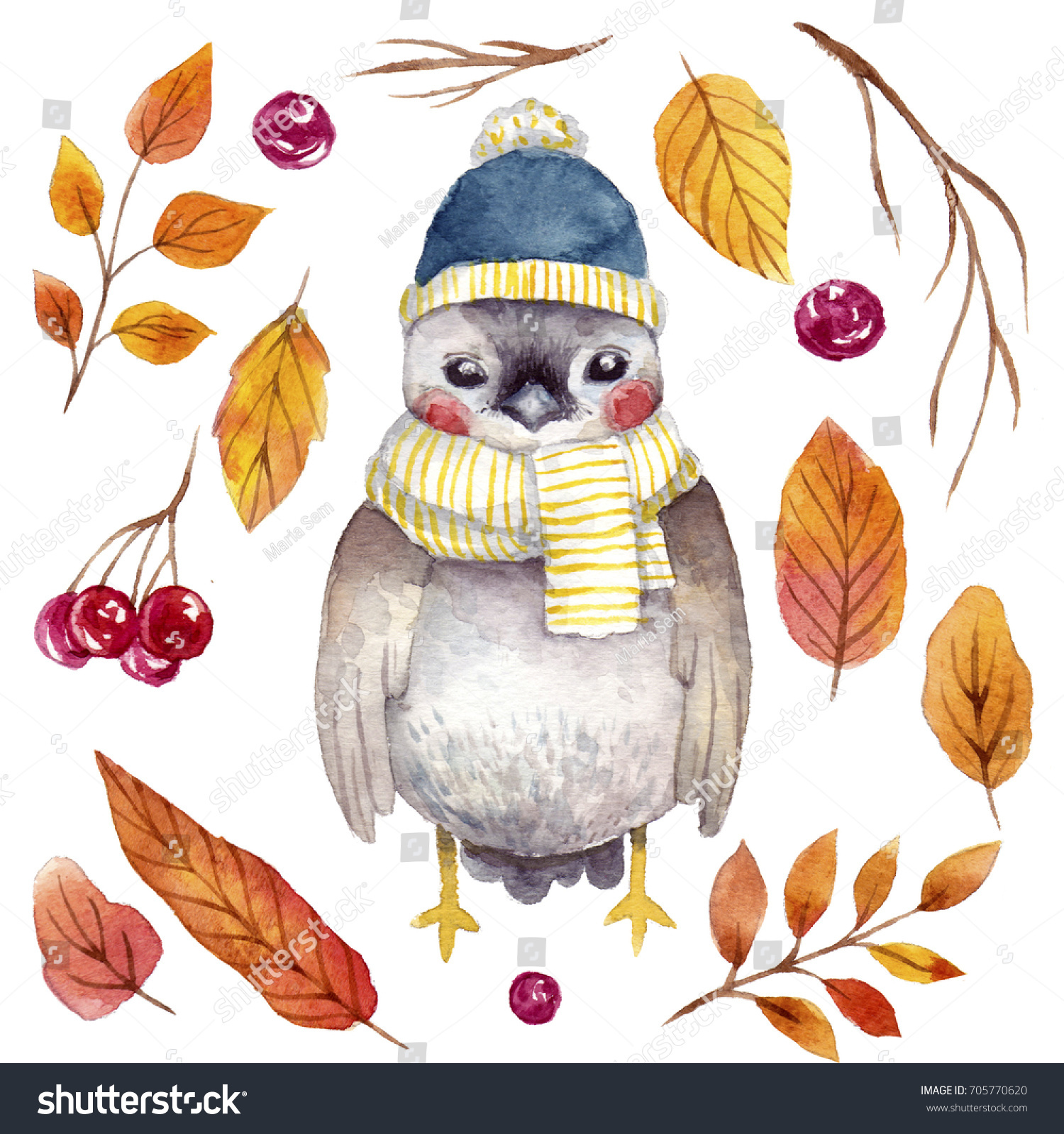 Cute watercolor bird with hand drawn elements : autumn leafs and berries.