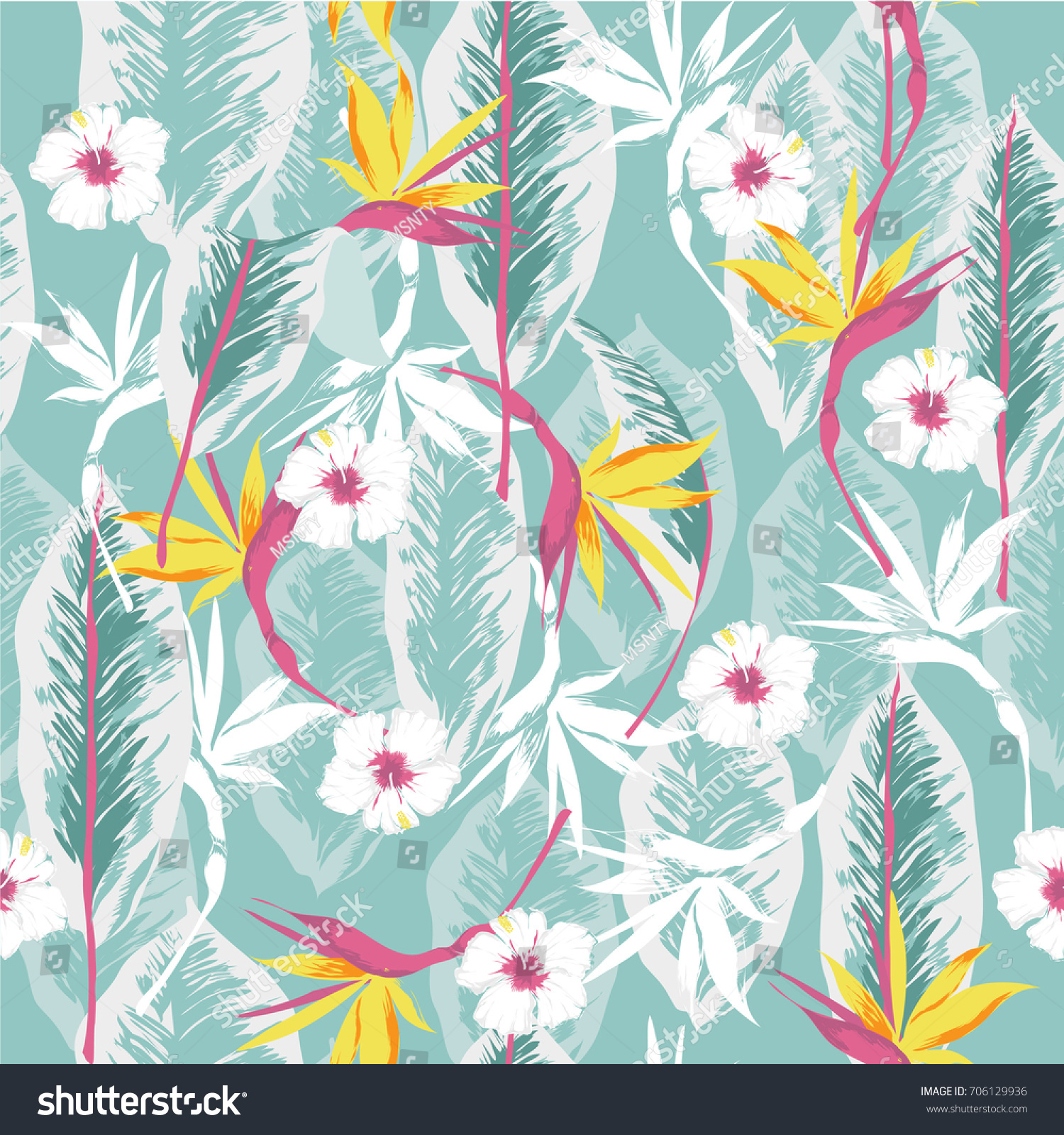 vector seamless beautiful artistic bright tropical pattern with exotic forest. Colorful original stylish floral background print  bright colors on green mint