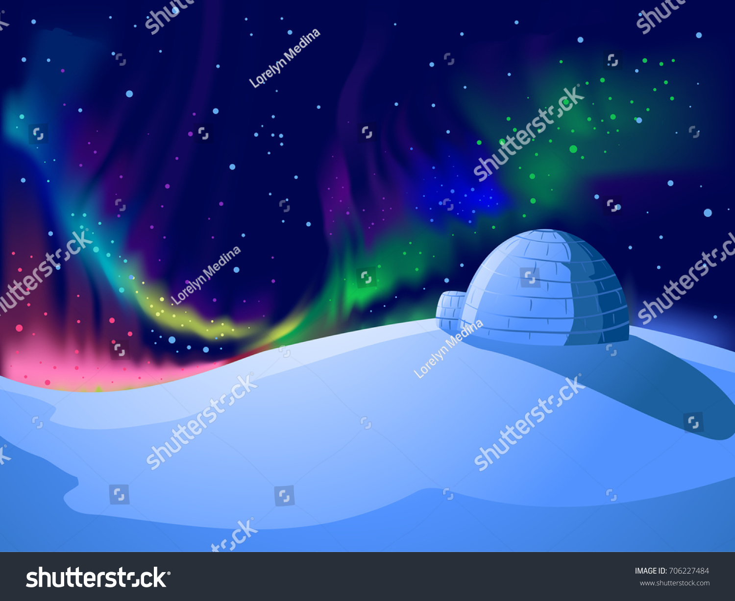 Colorful Background Illustration Featuring Auroras Dancing Over a Snow Covered Mountain