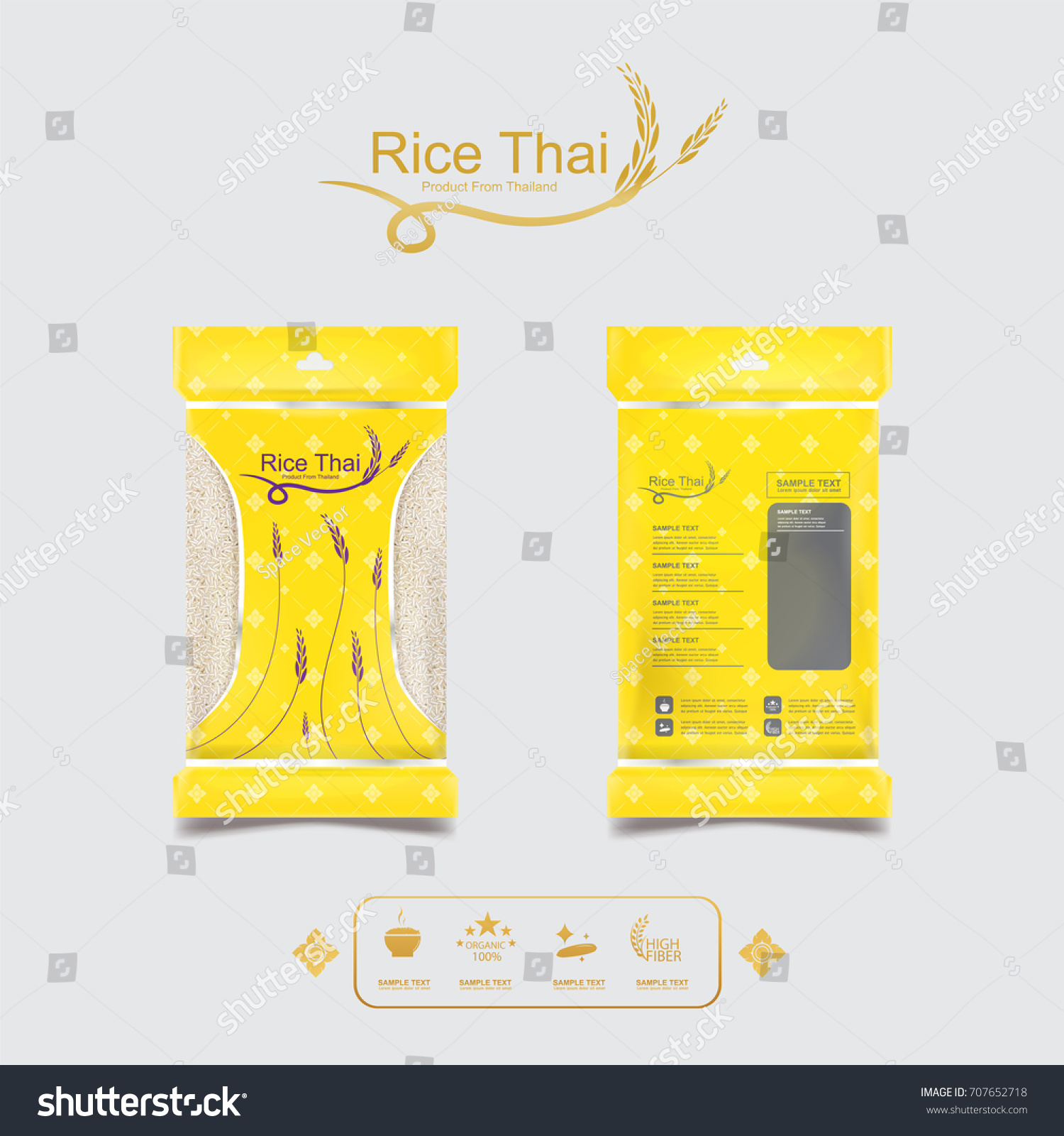 Rice of Thailand Packaging Food Product and Background Thai Arts.