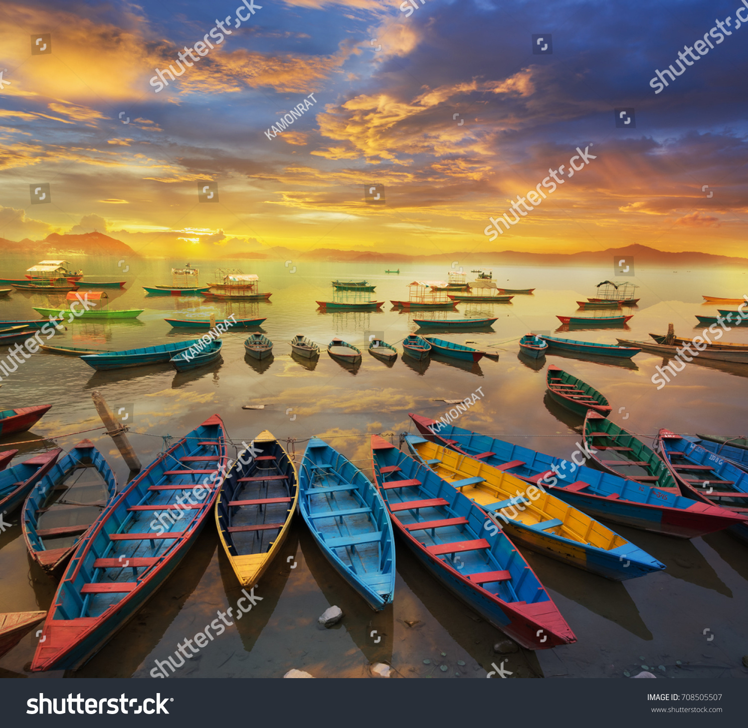 twilight with boats on Phewa lake  Pokhara  Nepal