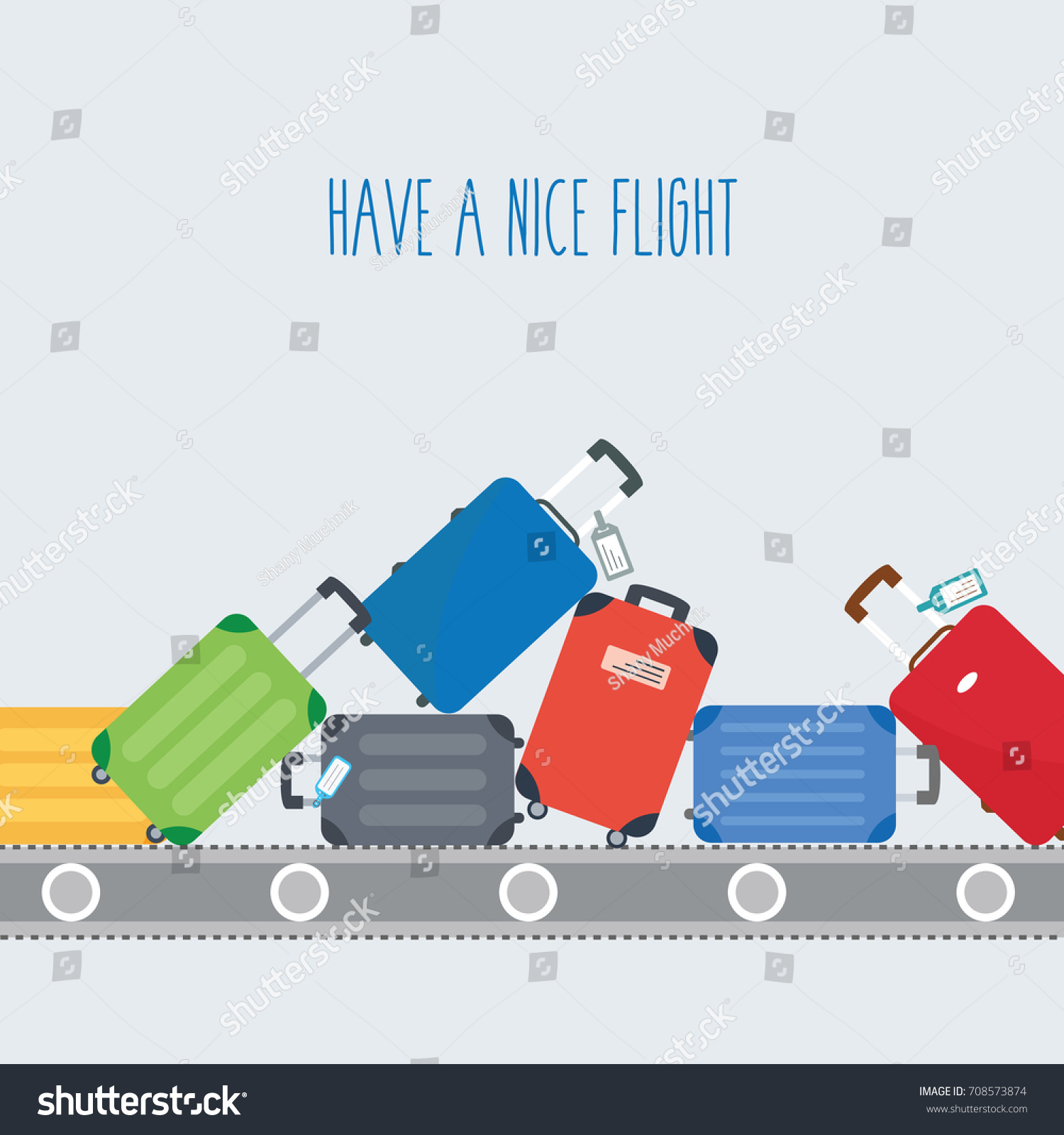 space & text - have a nice flight. different colorful luggage bag. suitcase on conveyor belt. Baggage claim at airport vector travel bags on background flat design