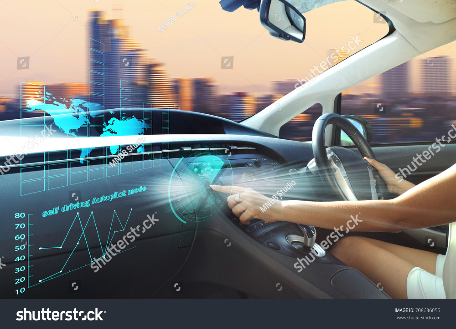 self-driving autopilot mode autonomous car vehicle running self driving mode and a woman driver