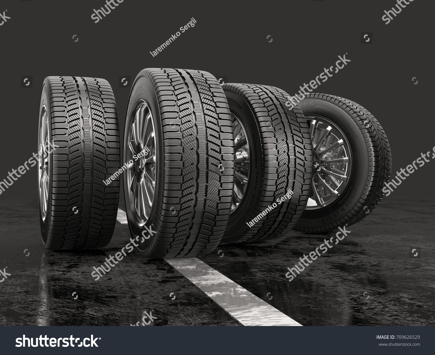 Four car tires rolling on a road on a gray background. 3d illustration.