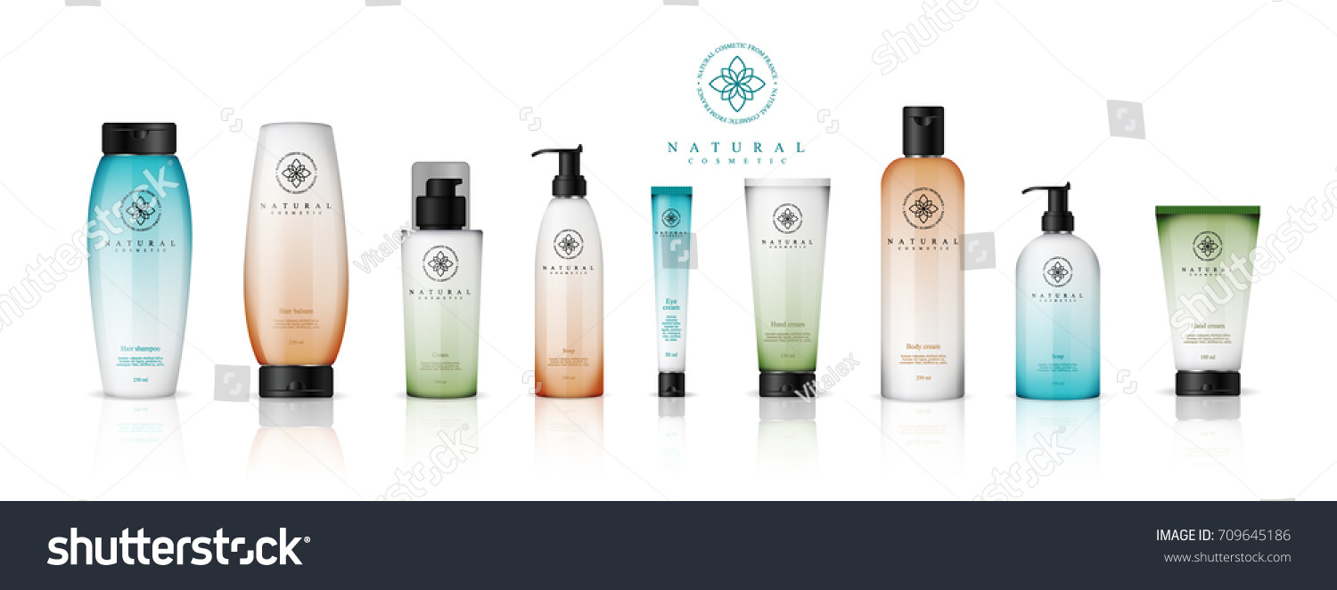 Realistic cosmetic bottles with gradient design on white background. Cosmetic cream containers and tubes for cream  lotion  shampoo  gel  balsam  conditioner  spray. 3d Vector Illustration