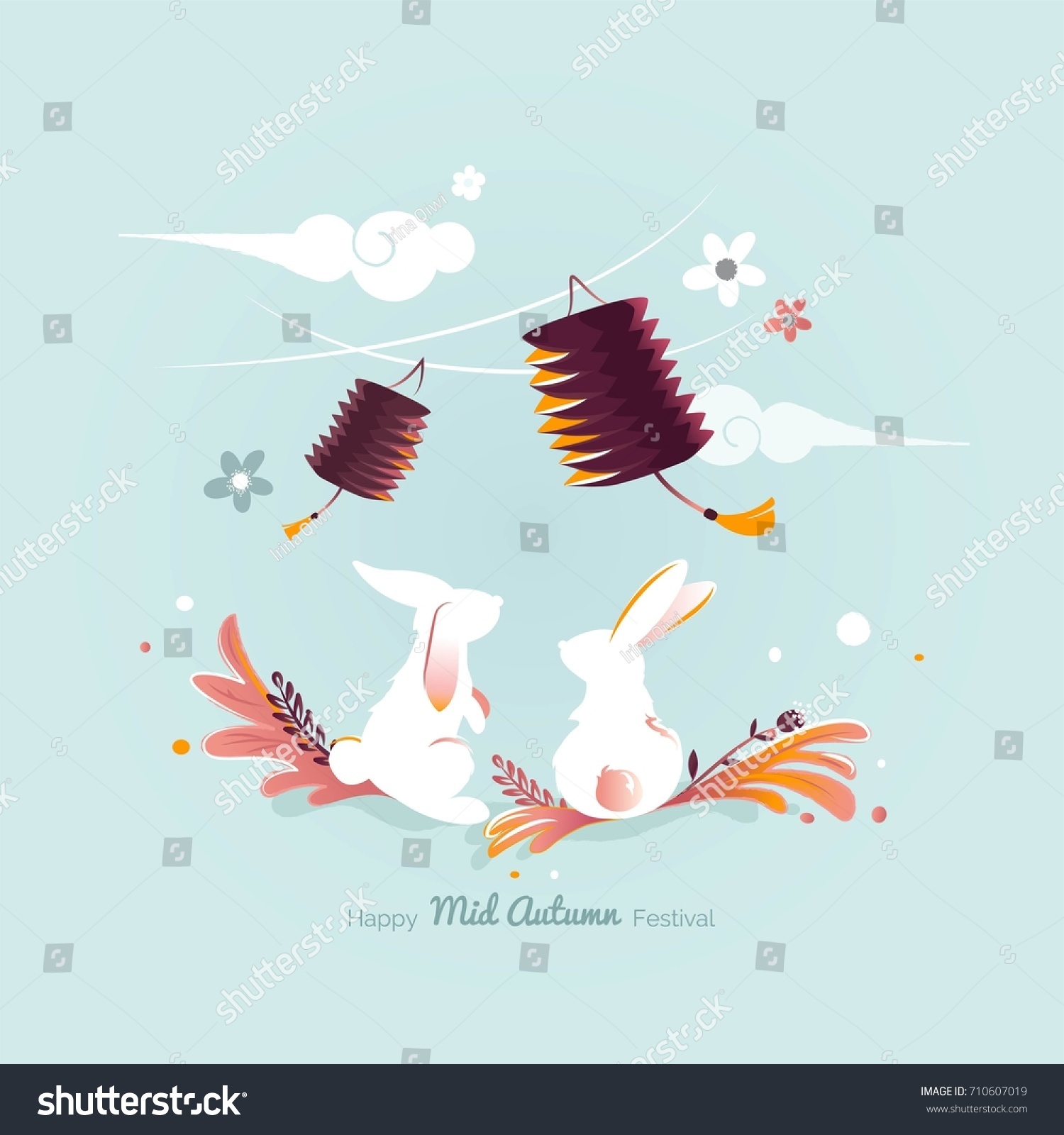 Chinese mid Autumn Festival design. Holiday background with rabbits  floral elements and lanterns. Vector illustration. 