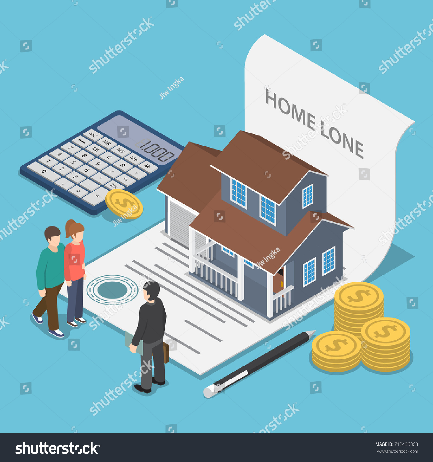 Flat 3d isometric couple talking with real estate agent. Home loan and real estate business concept
