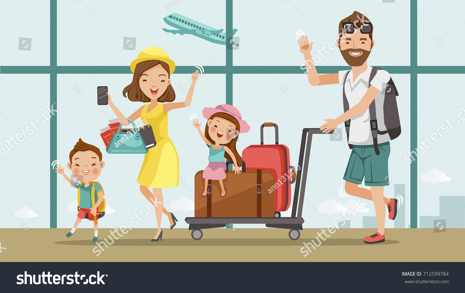 Family travel. Father  mother  son and daughter at the airport.Happy family concept. Cartoon Asian Character Family  illustration  vector Isolated from the background Airport