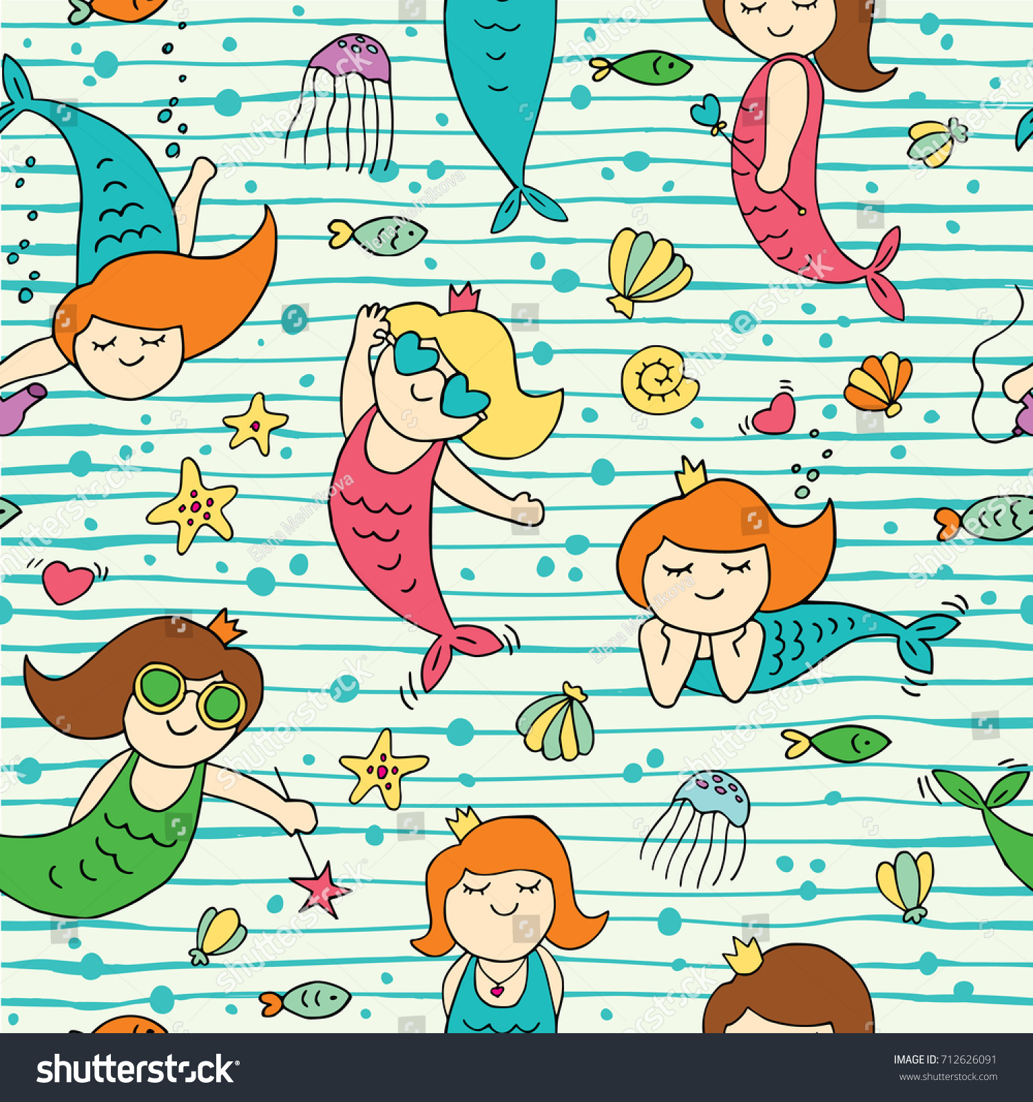 Seamless vector background with mermaids  fish  jellyfish and starfish.