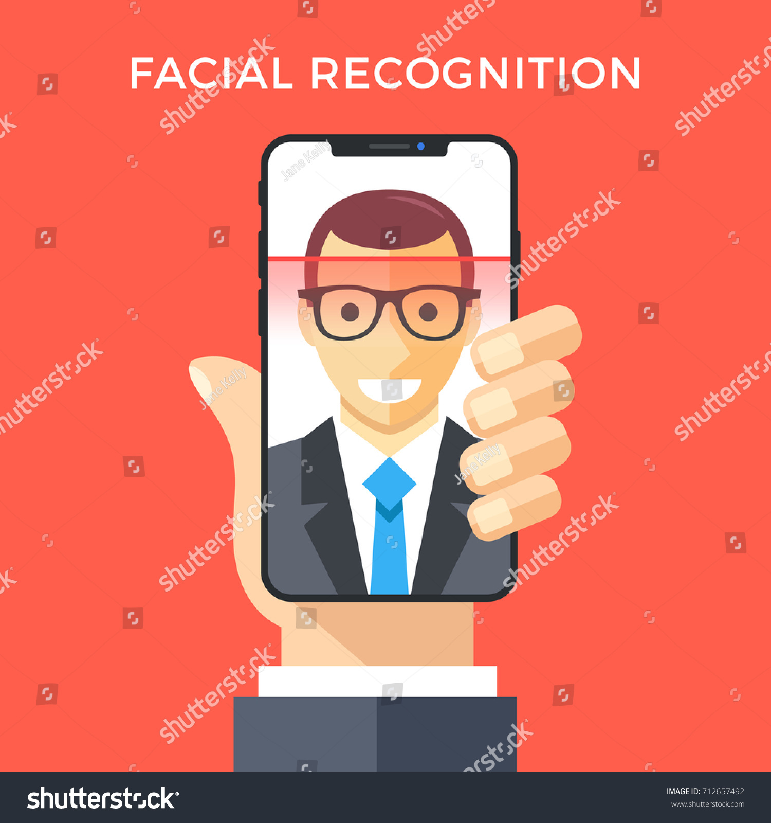 Facial recognition concept. Face ID  face recognition system. Hand holding smartphone with human head and scanning app on screen. Modern application. Flat design graphic elements. Vector illustration