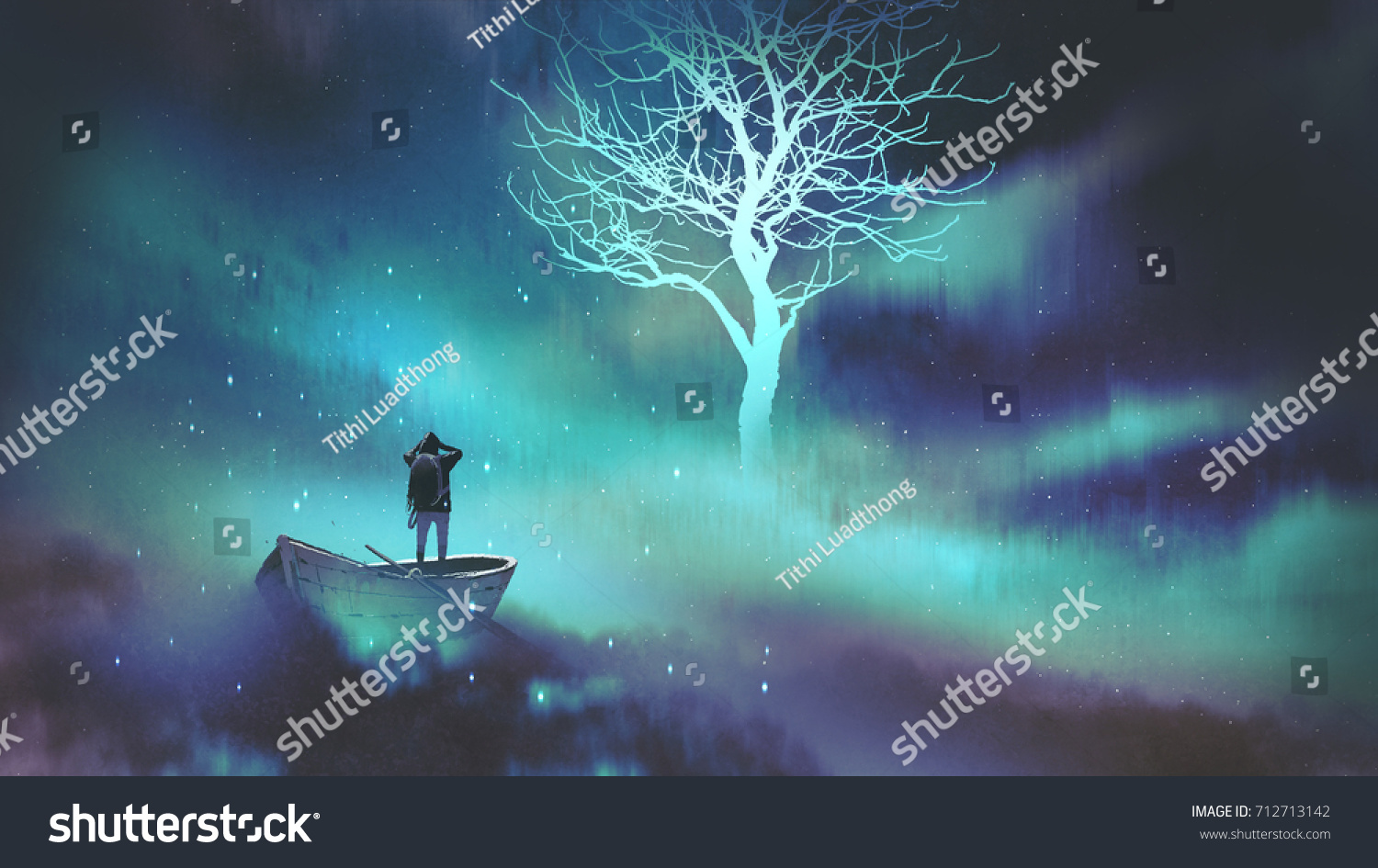 man on a boat in the outer space with clouds looking at glowing tree with stars  digital art style  illustration painting