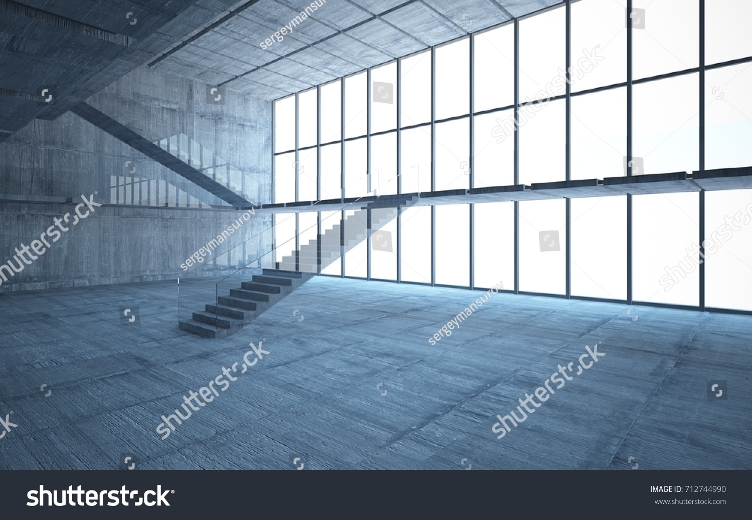 Abstract concrete interior multilevel public space with window. 3D illustration and rendering.