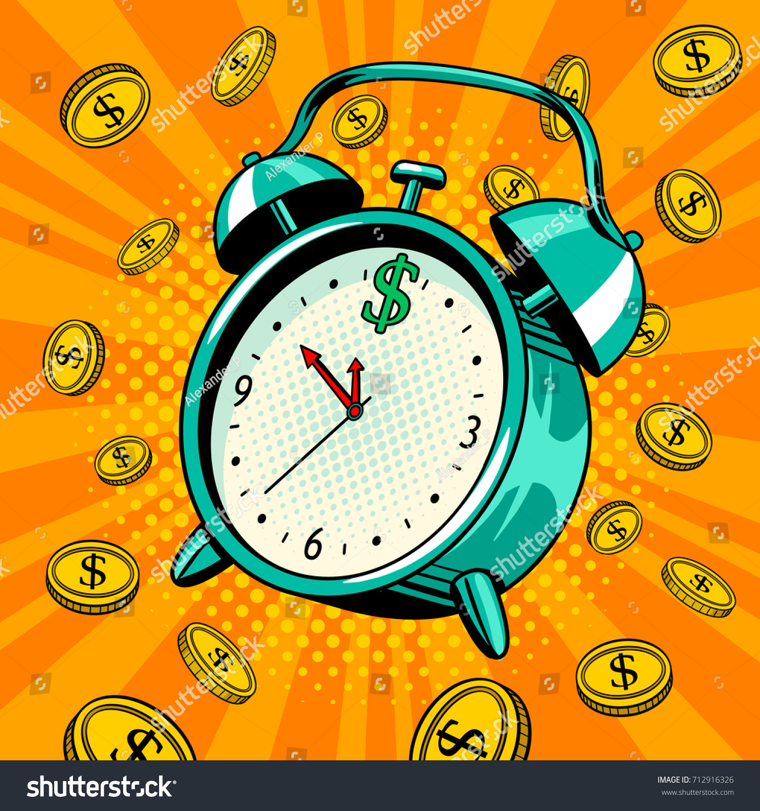 Alarm clock with coins pop art retro vector illustration. Time money metaphor. Comic book style imitation.