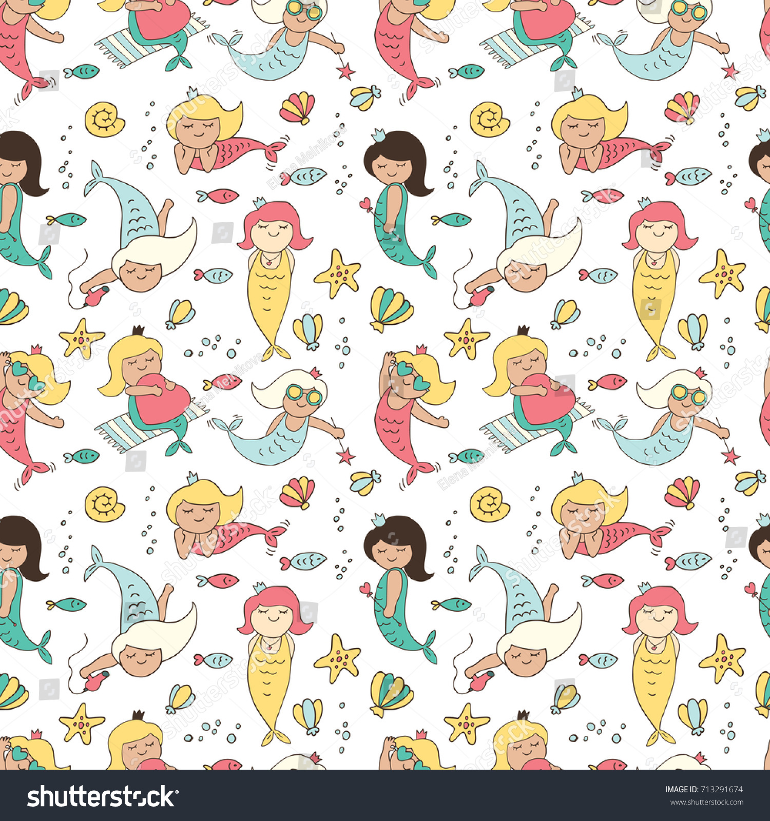 Funny mermaids. Seamless vector background with little mermaids.
