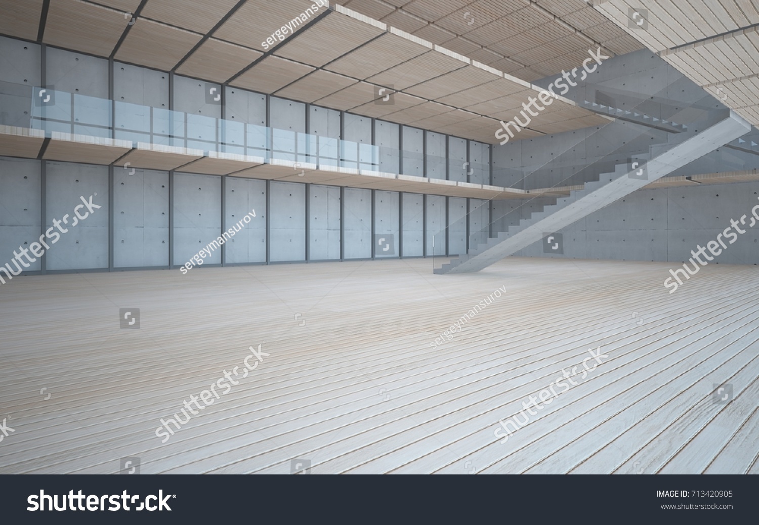 Abstract concrete and wood interior multilevel public space with window. 3D illustration and rendering.