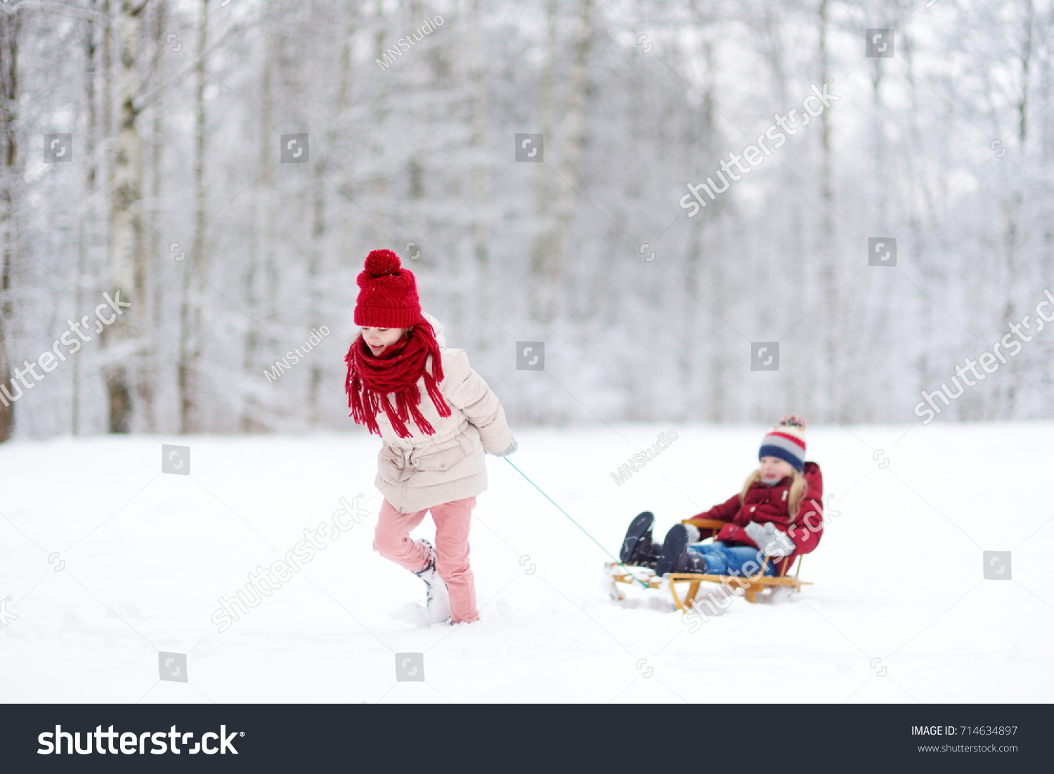 Two funny little girls having fun with a sleight in beautiful winter park. Cute children playing in a snow. Winter activities for kids.