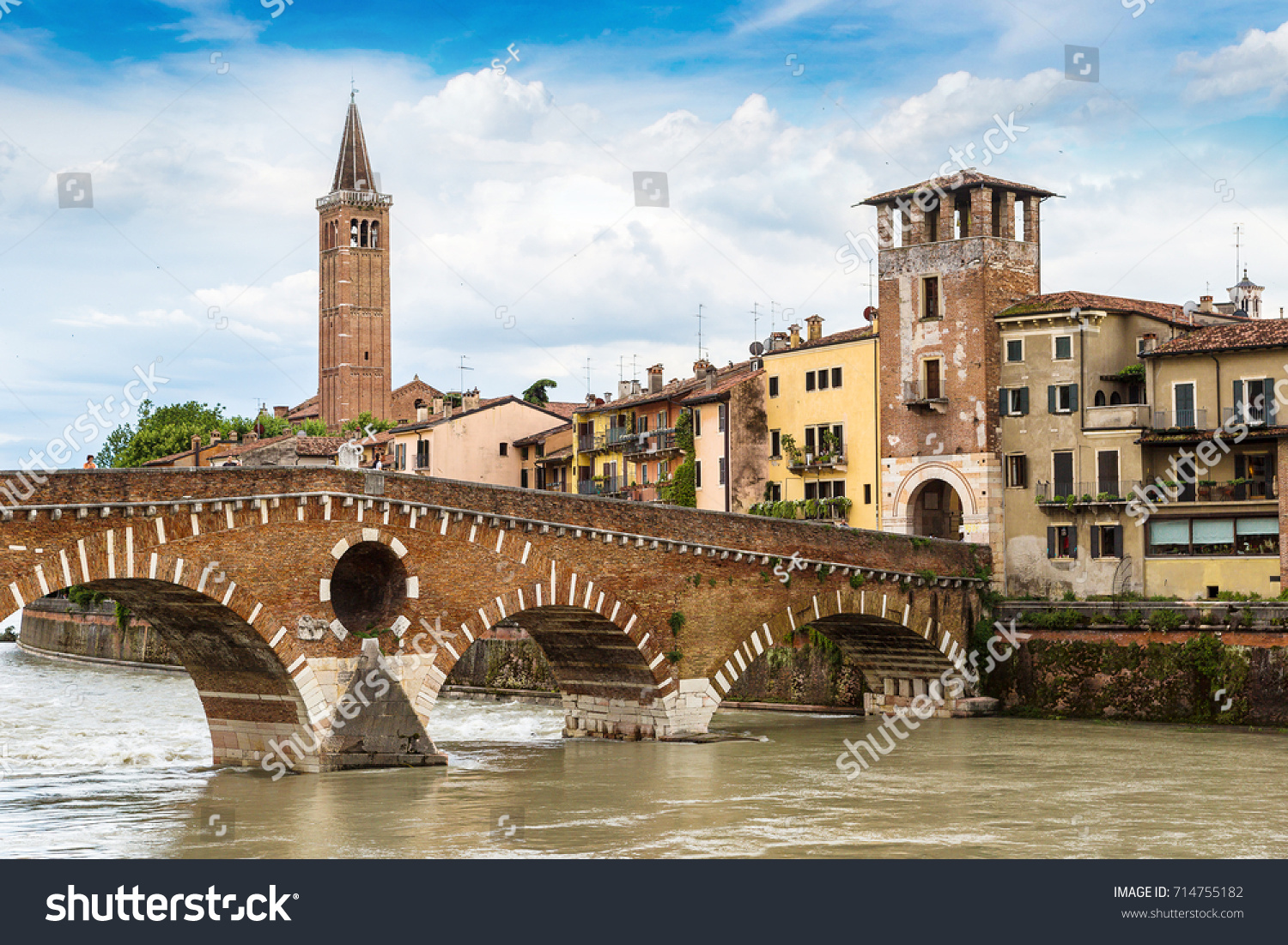 Adige River and bridge Ponte di Pietra in Verona in a beautiful summer day  Italy