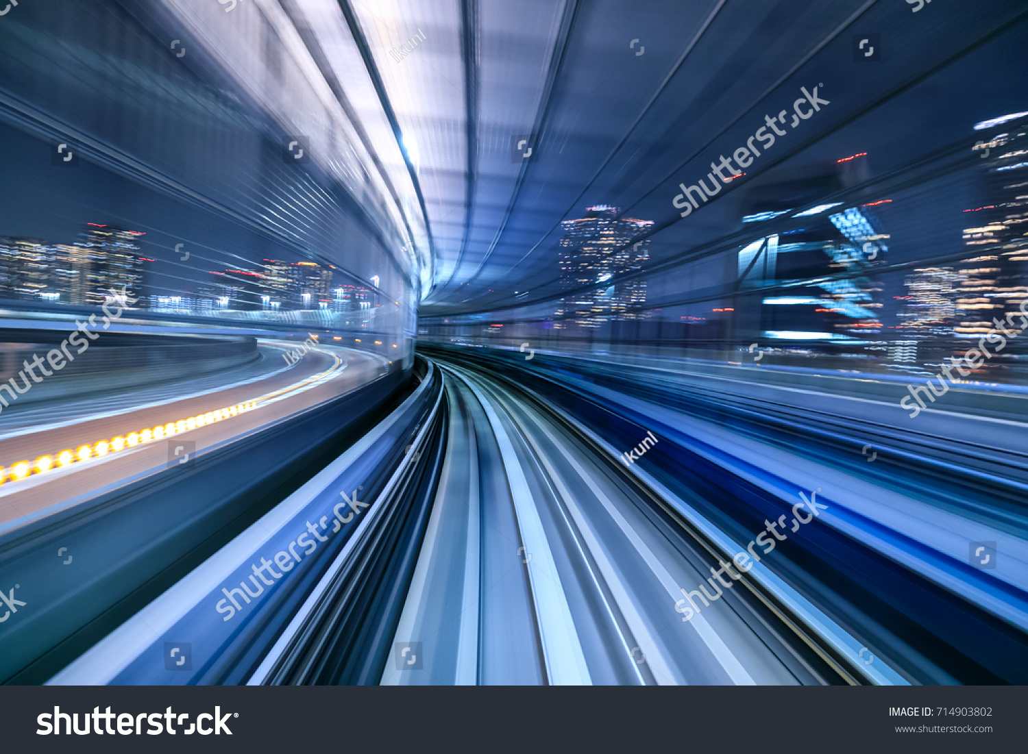 Motion blur of train moving inside tunnel in Tokyo  Japan