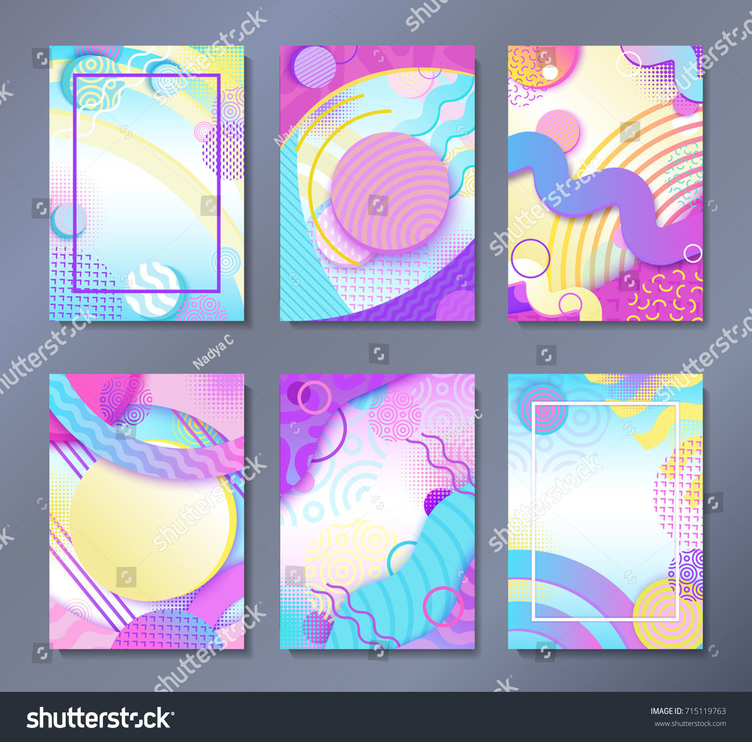 Abstract posters set in trendy 80s-90s memphis style with patterns  frames and geometric shapes  colorful background with text place  vector illustration
