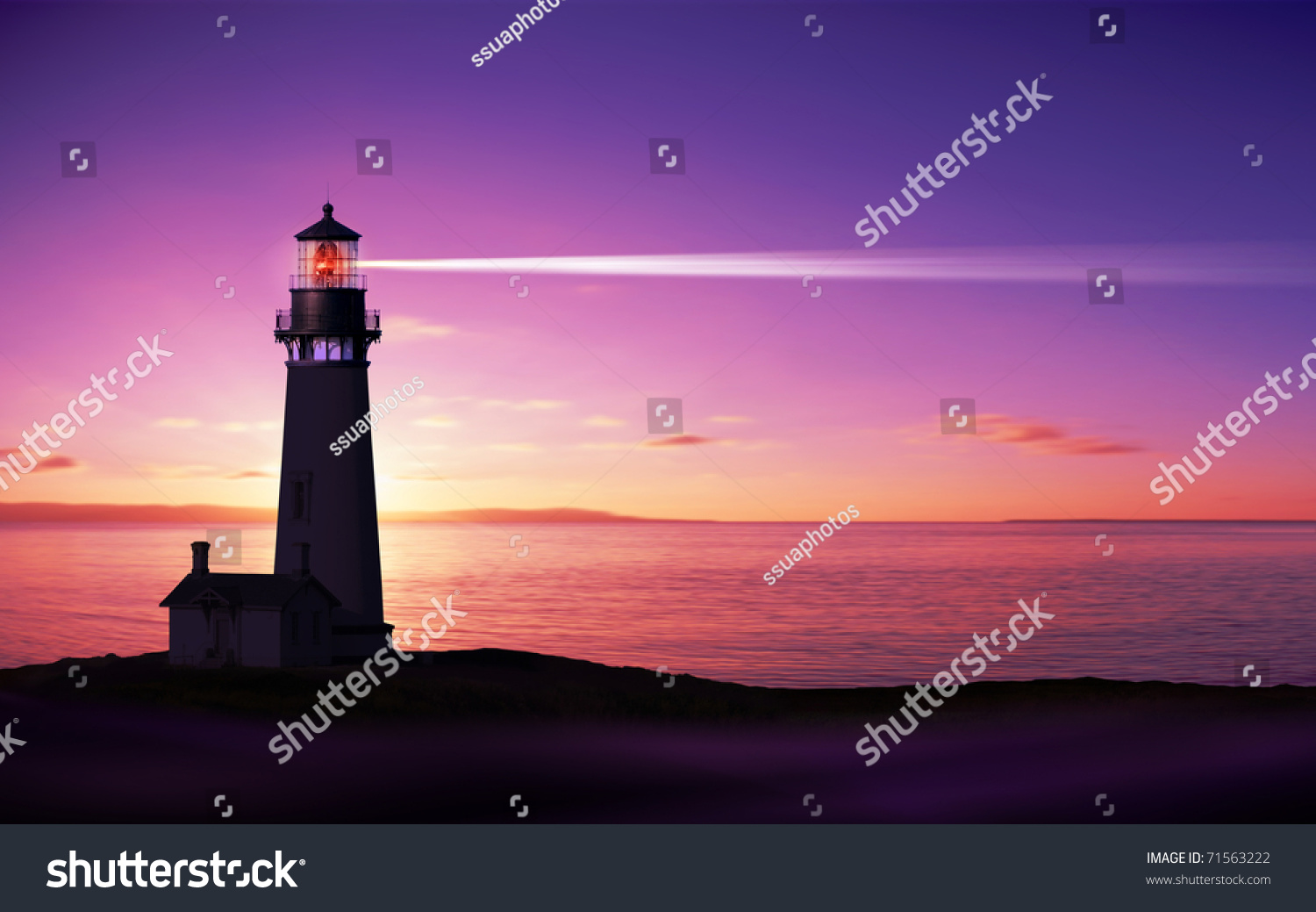 Lighthouse searchlight beam through marine air at night