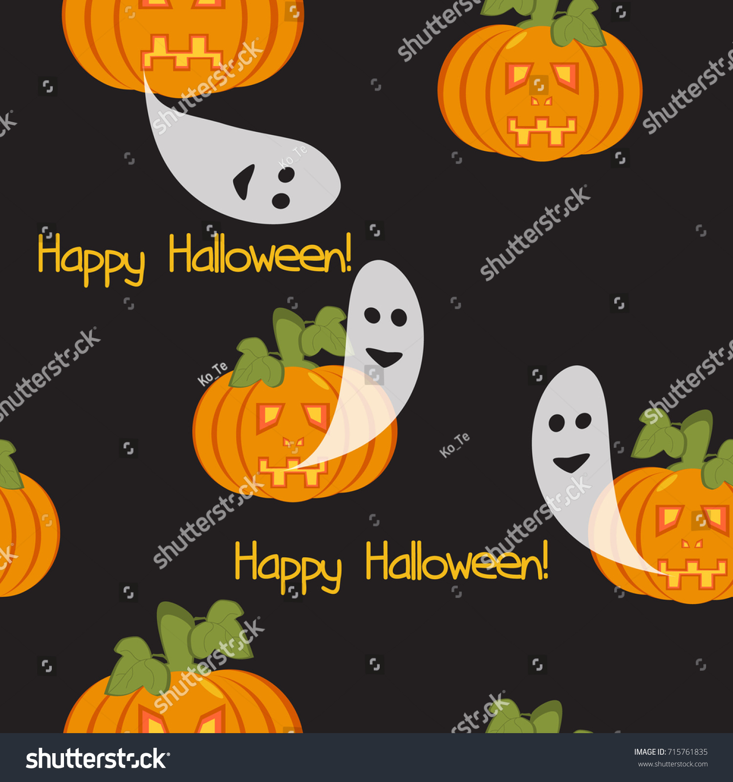 Seamless pattern with three pumpkin lights a little ghosts and inscription Happy Halloween on black background. Backdrop for site or print