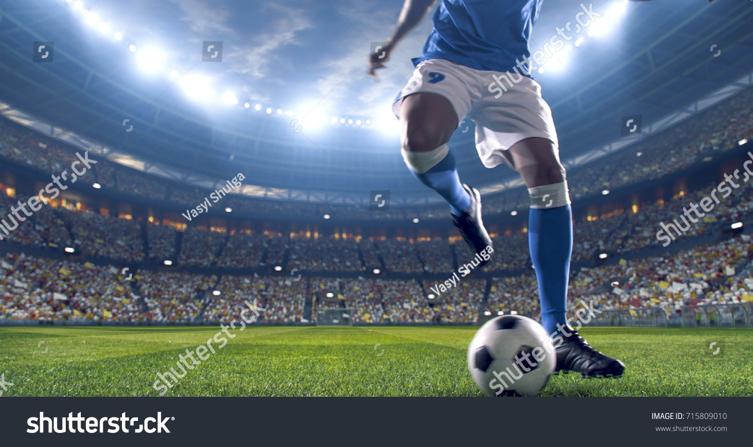 Soccer player kicks the ball on the soccer stadium. He wear unbranded sports clothes. Stadium and crowd made in 3D.